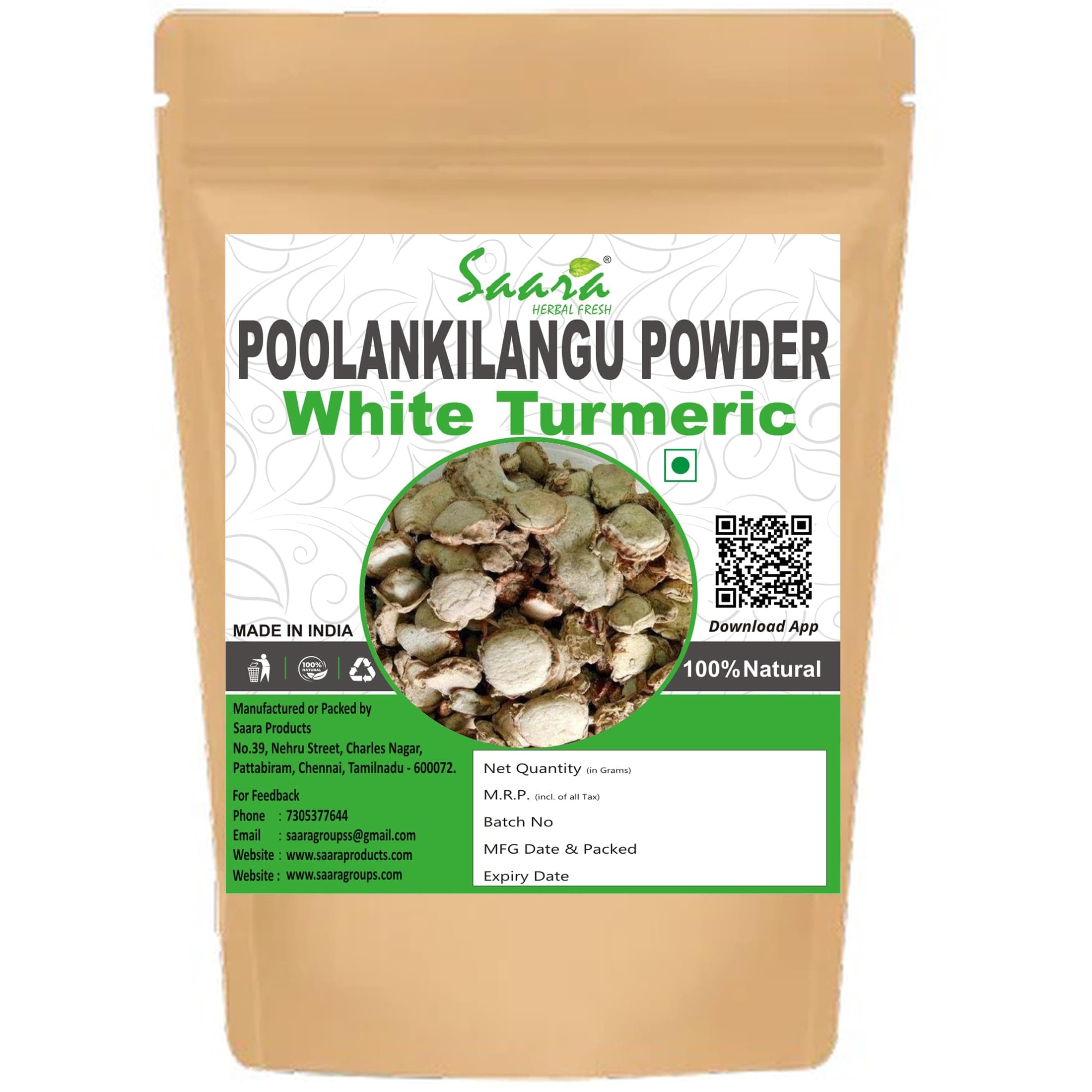 Poolankilangu Powder,100g, White Turmeric, Kachur, Kichili Kilangu Powder for Skin Care (Pack of 1 X 100g)