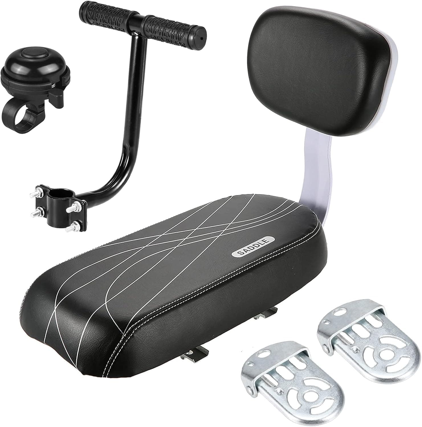 Cycling Child Seats,Kid Bike Back Cushioned Seat Kit with Bell Foot Rest Handle Grip Children Safety Carrier Set