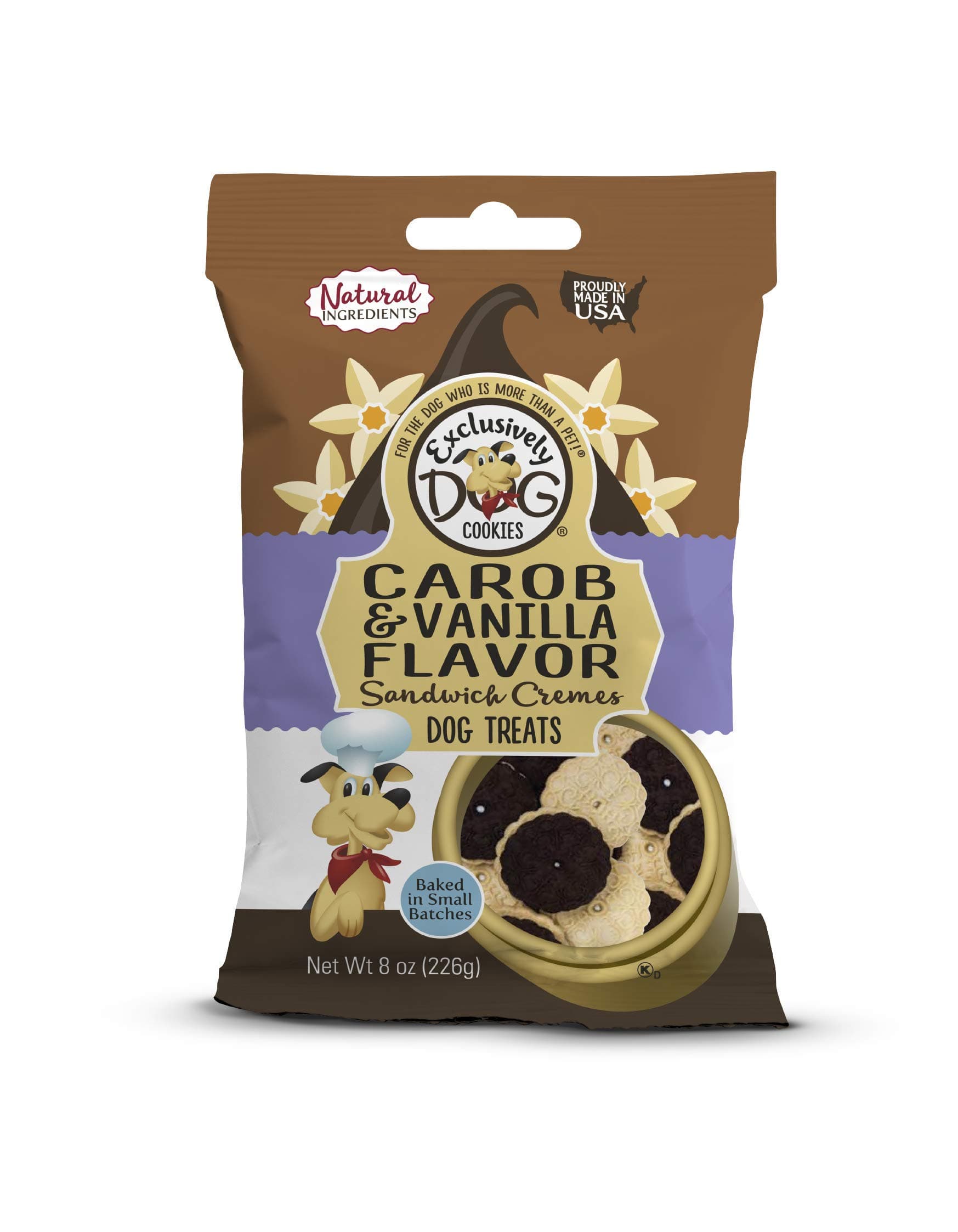 Exclusively Dog Carob & Vanilla Sandwich Cremes Cookies - All Natural Dog Treats, No Animal Byproducts, Baked in The USA, Ideal for Medium to Large Dogs - Vanilla and Carob Flavor, 8oz Bag