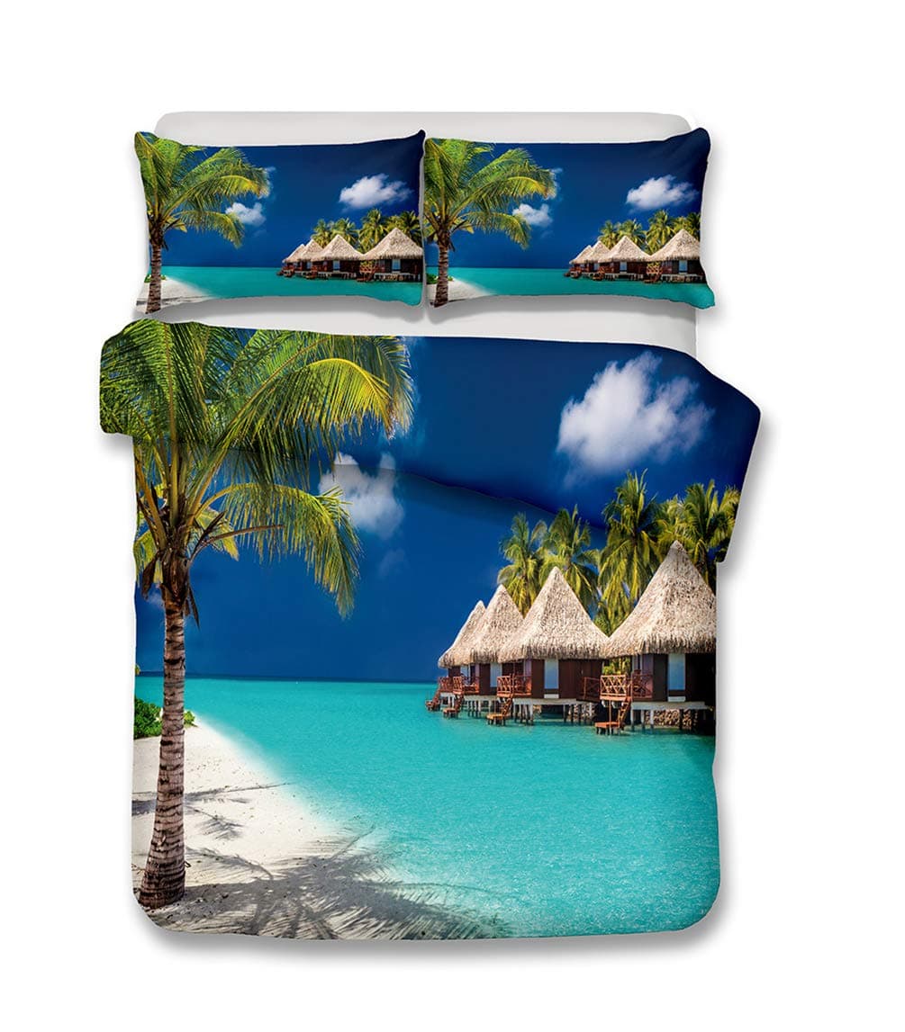Ocean Duvet Cover Set Twin Size, Tropical Island with The Palm Trees and Sea Beach Nature Theme Print, A Decorative 2 Piece Bedding Set with 1 Pillow Shams, Turquoise Blue