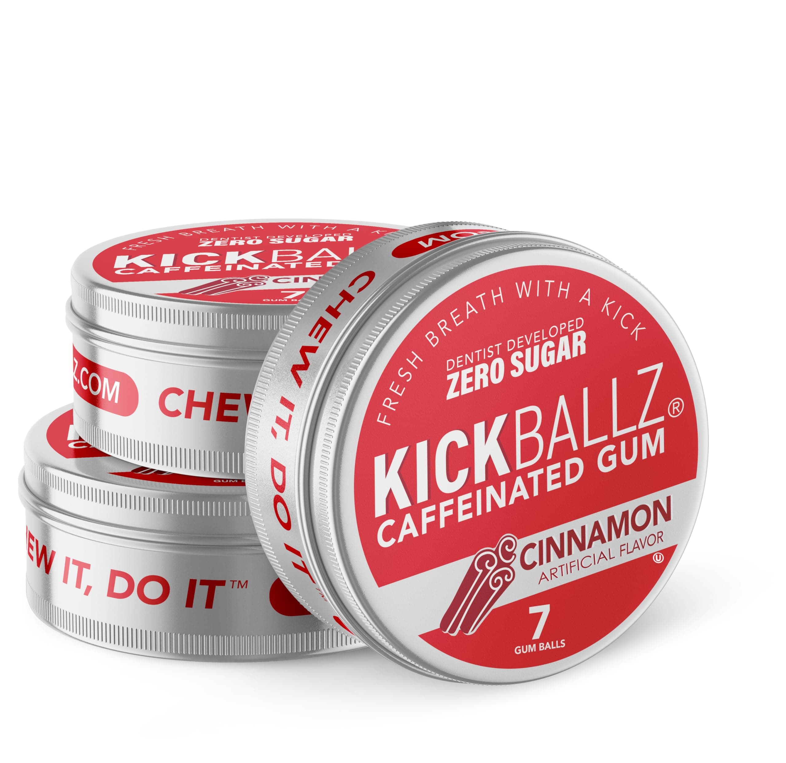 KickBallz Cinnamon Caffeinated Energy Gum | 110mg Quick-Release Caffeine per Piece | Sugar-Free, Low-Calorie, Gluten-Free, Keto | Spicy Pre-Workout Coffee Replacement | 3 Tins, 21 Chews Total
