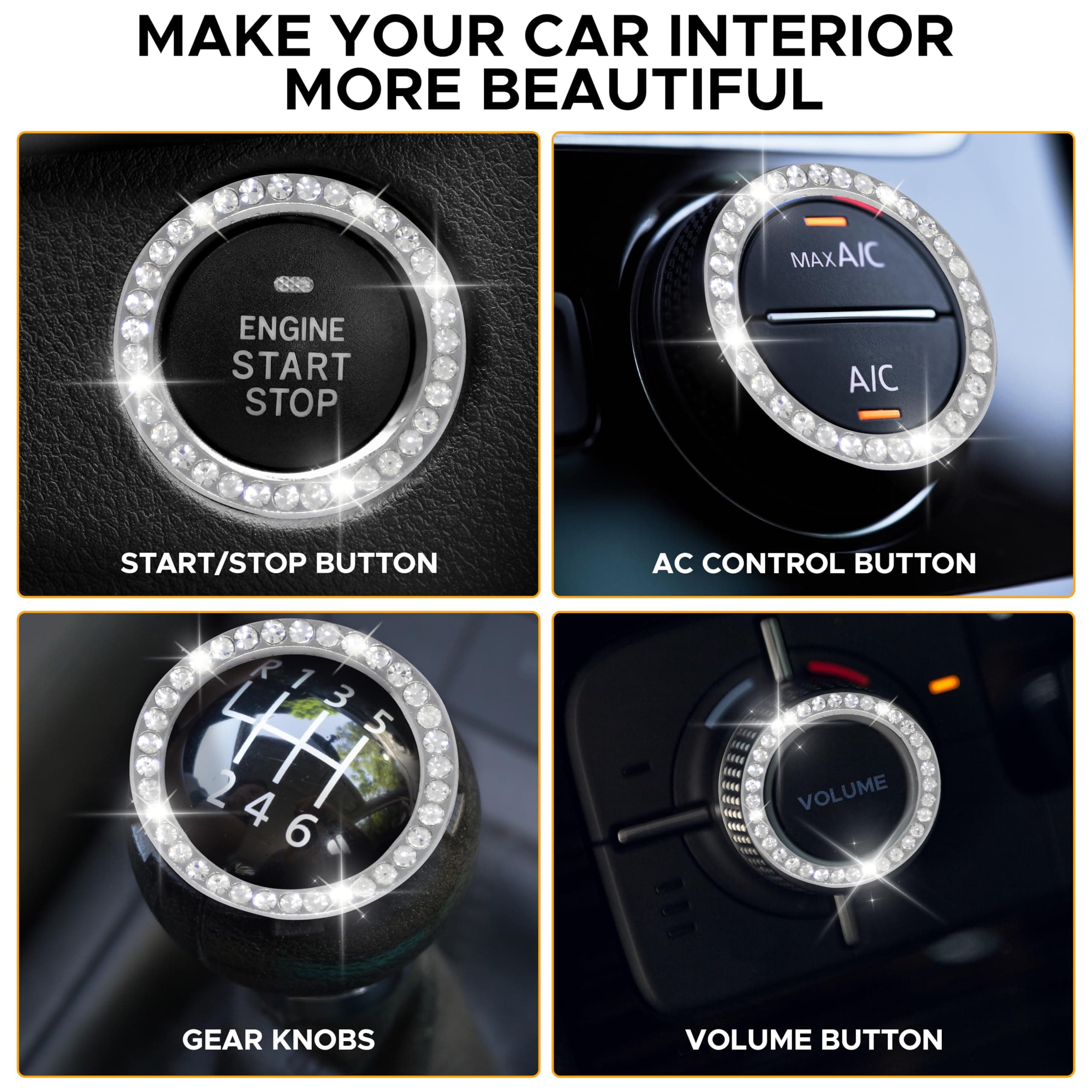 EcoNour Car Cup Coasters (2 Pack) | Car Push Start Button Bling (1 Pack) | Car Cup Holder Coaster | Crystal Rhinestone Car Interior Accessories | 2.75 Inch Universal Anti-Slip Coasters Car for Women