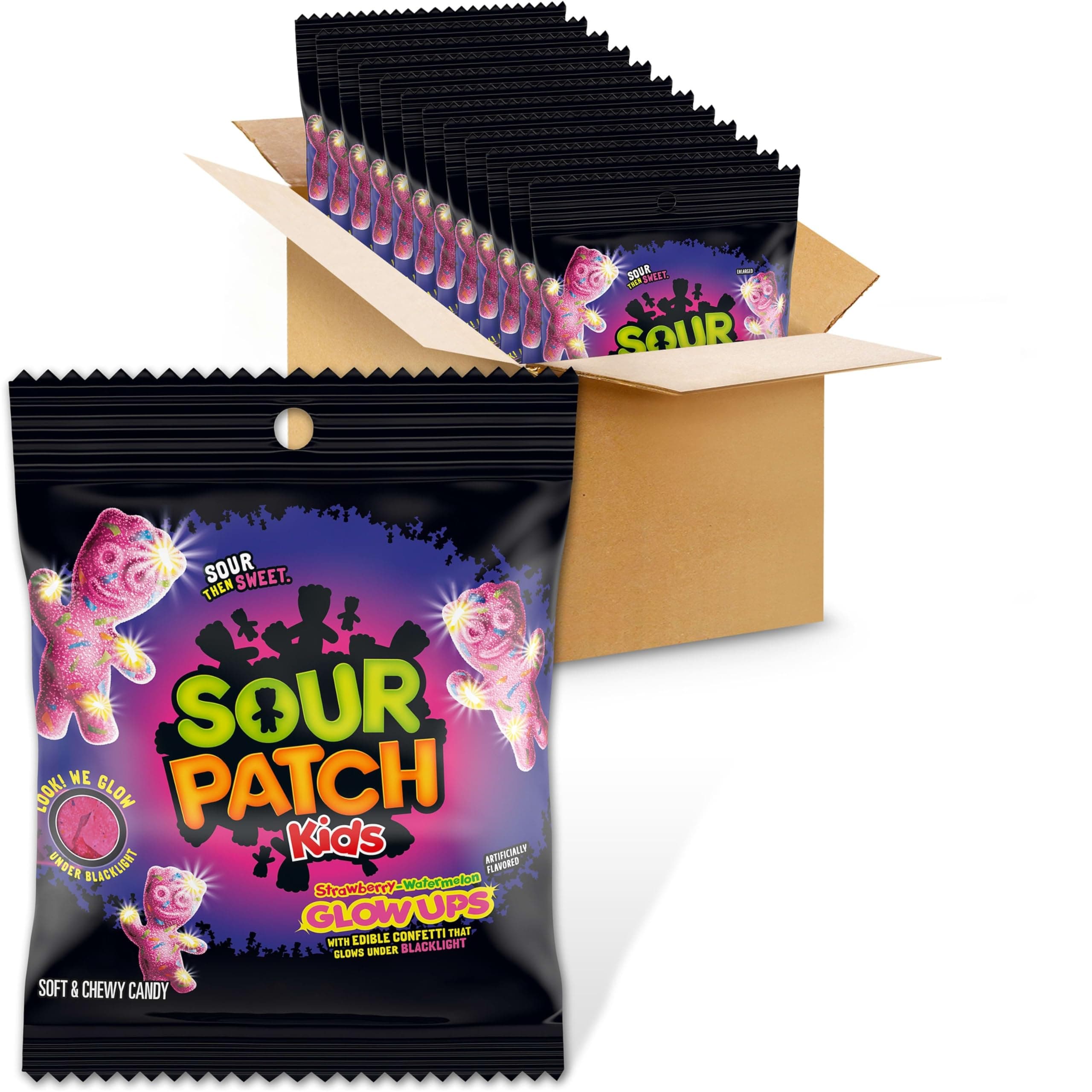 Glow Ups Strawberry Watermelon x 12 | Glows Under Blacklight | SourThenSweet | Soft & Chewy Candy | Party-Ready Packs