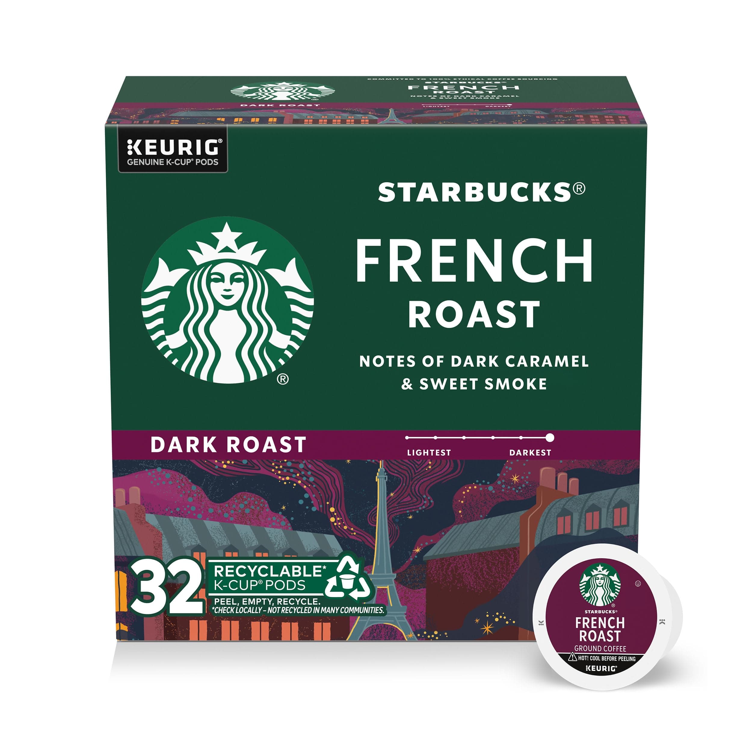 Starbucks K-Cup Coffee Pods, Dark Roast Hot or Iced Coffee, French Roast, 32 Keurig Pods
