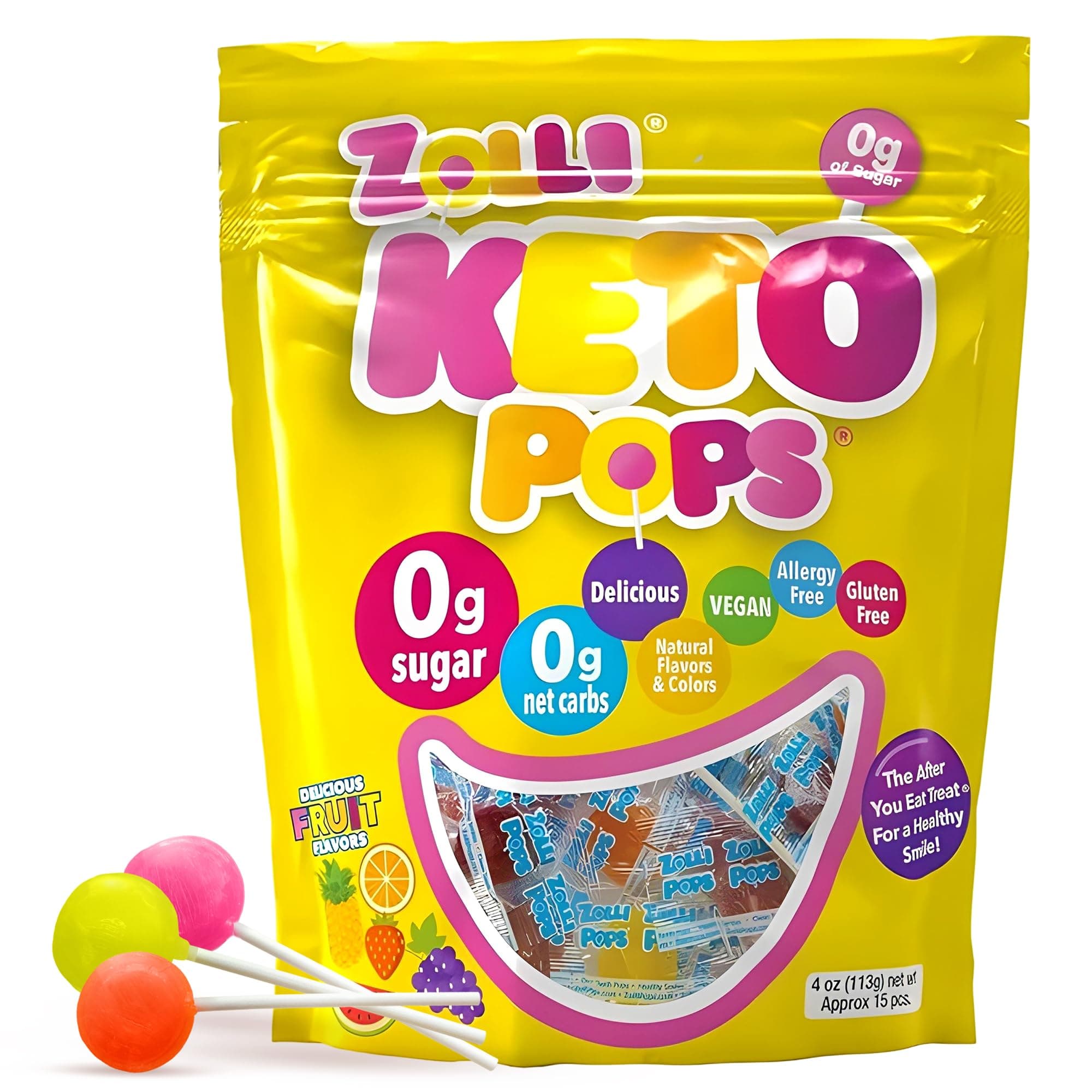 Zolli KETO Pops Sugar Free Candy, Vegan, Gluten-Free, Diabetic-Friendly, 4oz Resealable Pouch