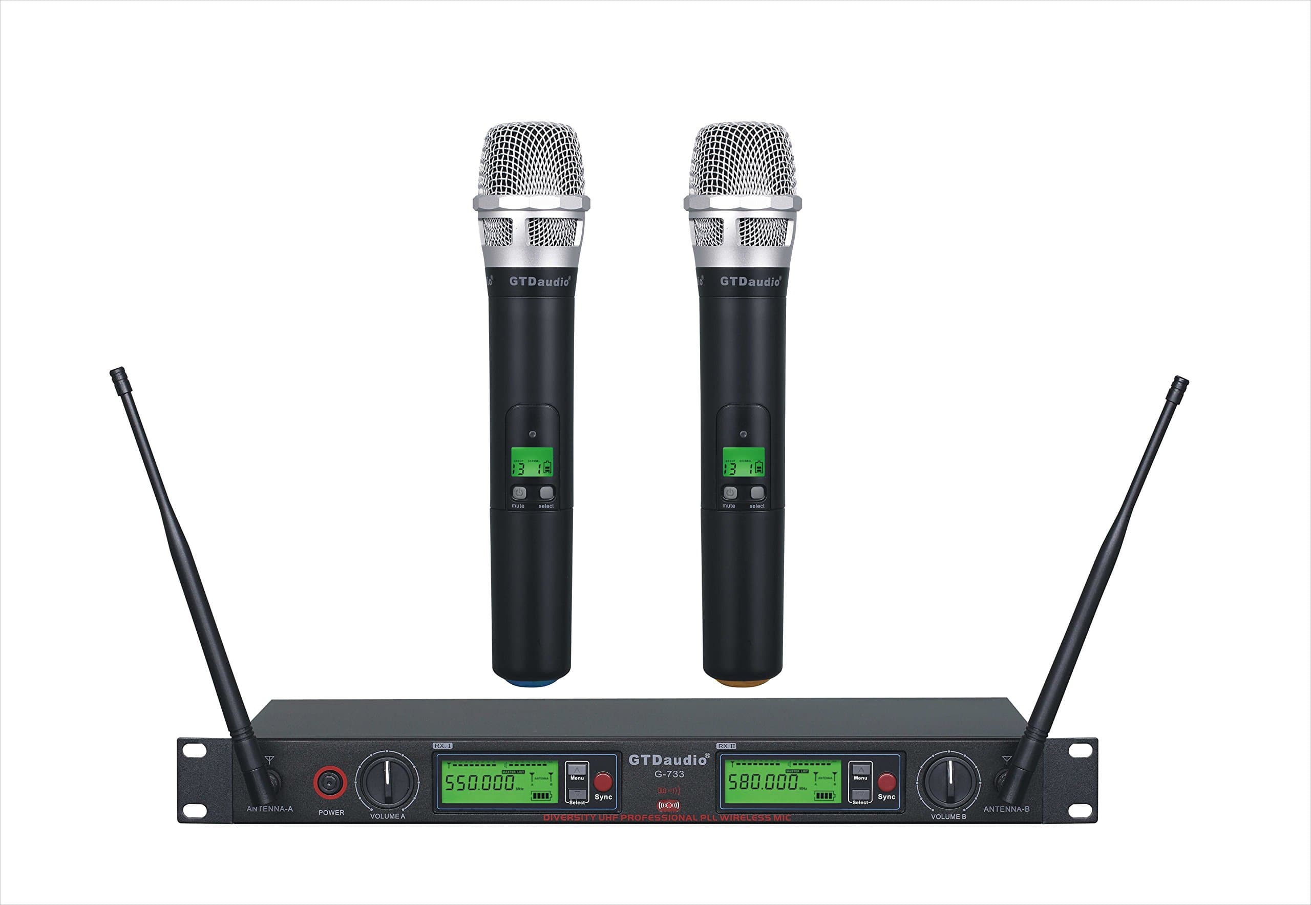 GTD Audio 2x800 Channel UHF Diversity Wireless Hand-held Microphone Karaoke Mic System 733 (2 Hand held mics)