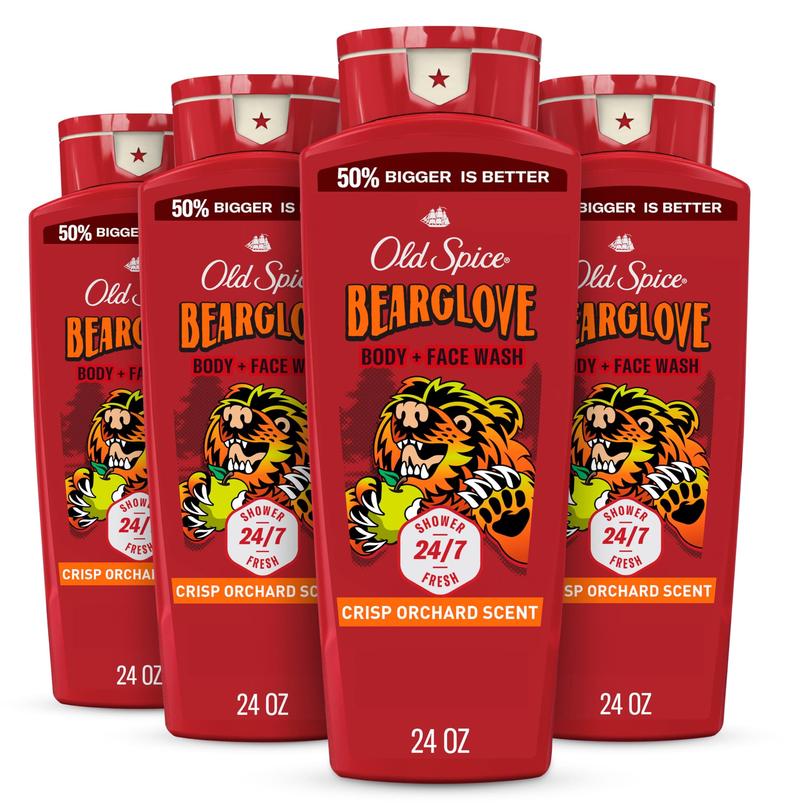 - Old Spice Cleansing Body Wash for Men, 3X Defense, 24/7 Shower Fresh with Lasting Scent, 2-in-1 Body & Face Wash, Bearglove with Crisp Orchard Scent, 24 oz (Pack of 4)