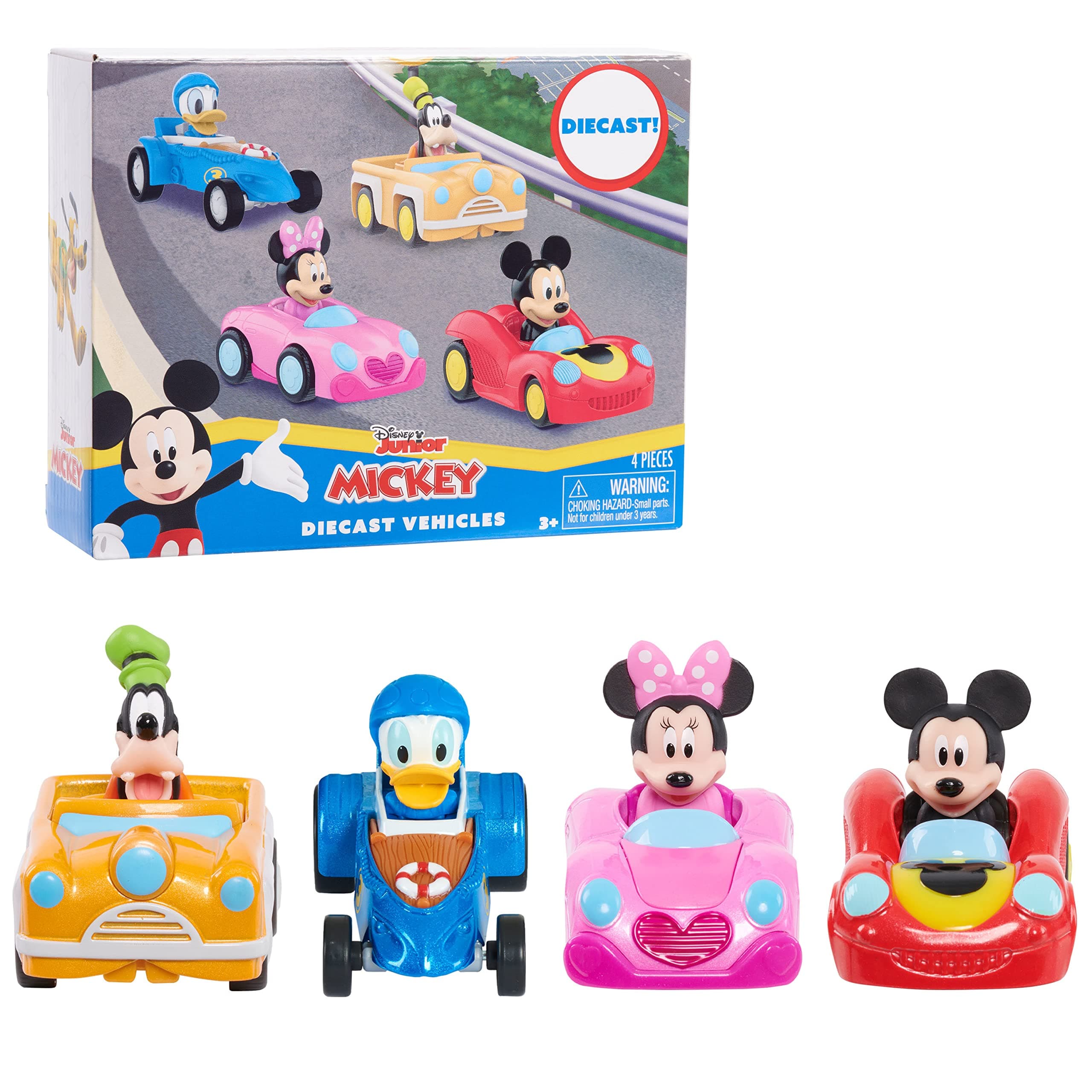 Just Play Disney Junior Mickey Mouse Diecast Vehicles 4-Piece Set, Officially Licensed Kids Toys for Ages 3 Up, Gifts and Presents