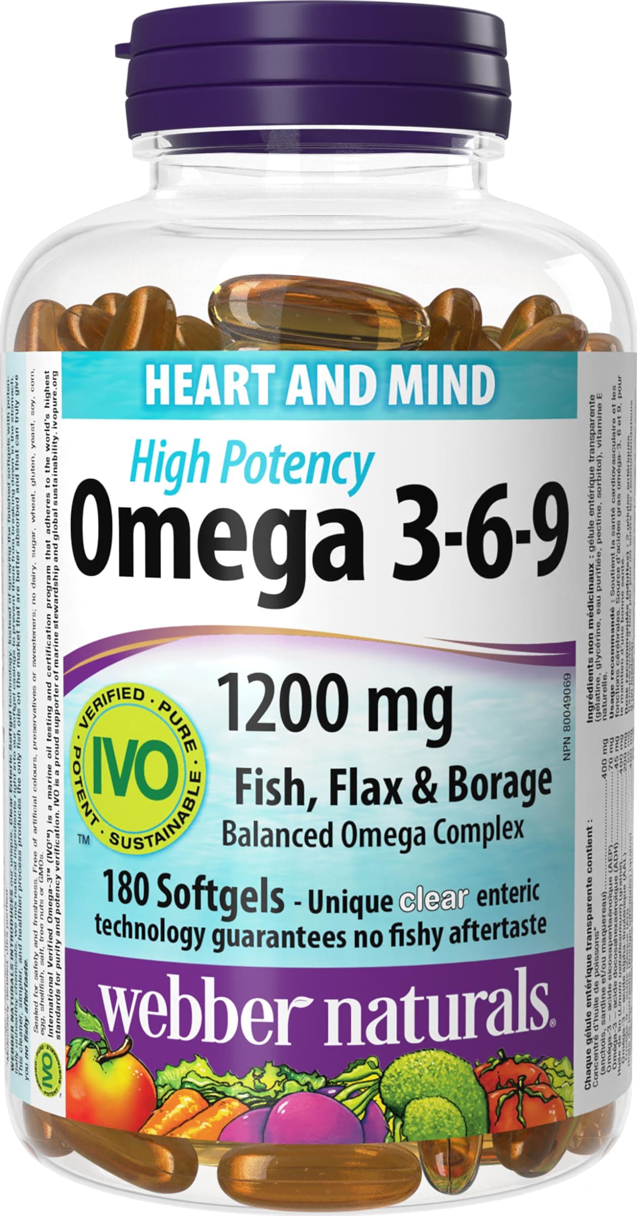 Webber Naturals Omega 3-6-9 High Potency Fish, Flax & Borage 1200 mg 180 Clear Enteric Softgels