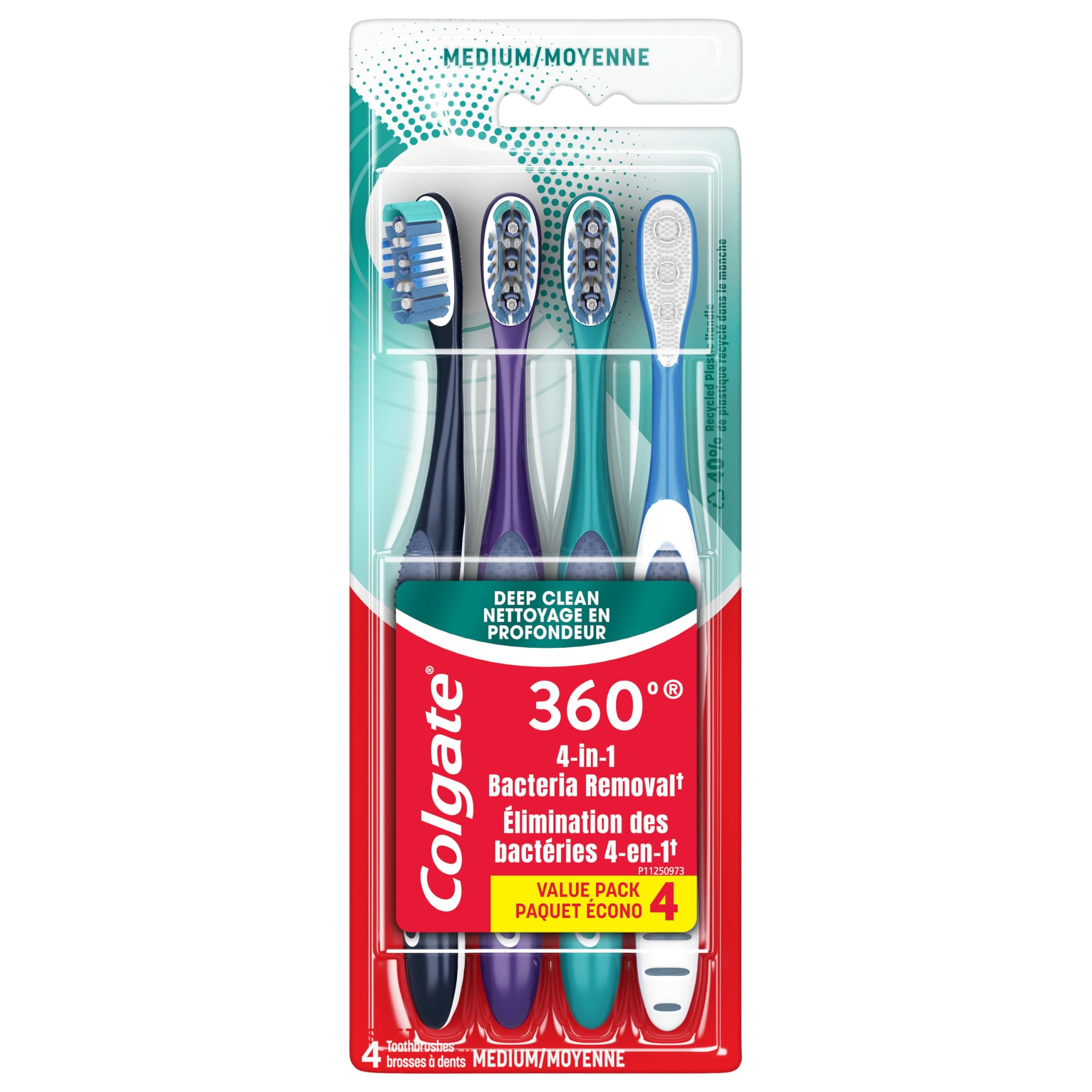 360 Whole Mouth Clean, Medium Toothbrush for Adults, 4 Pack, Packaging May Vary