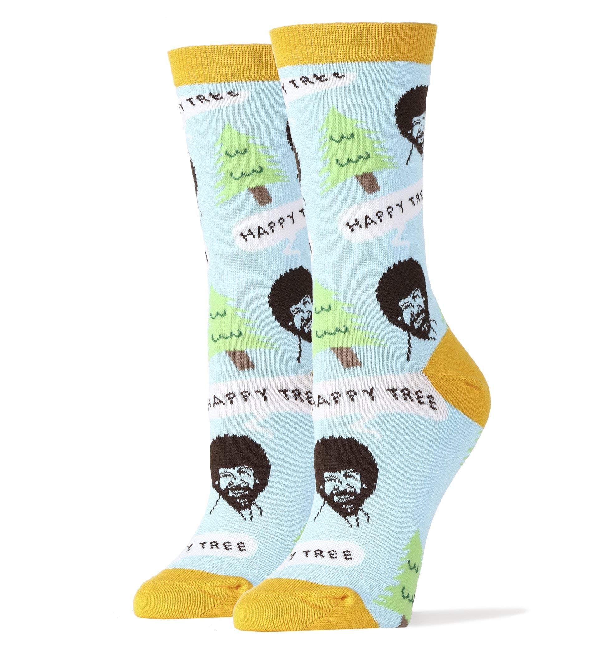 Women's Novelty Funny Bob Ross Crew Socks, Holiday Crazy Fun Dress Socks, Fits Shoe Size 5-10