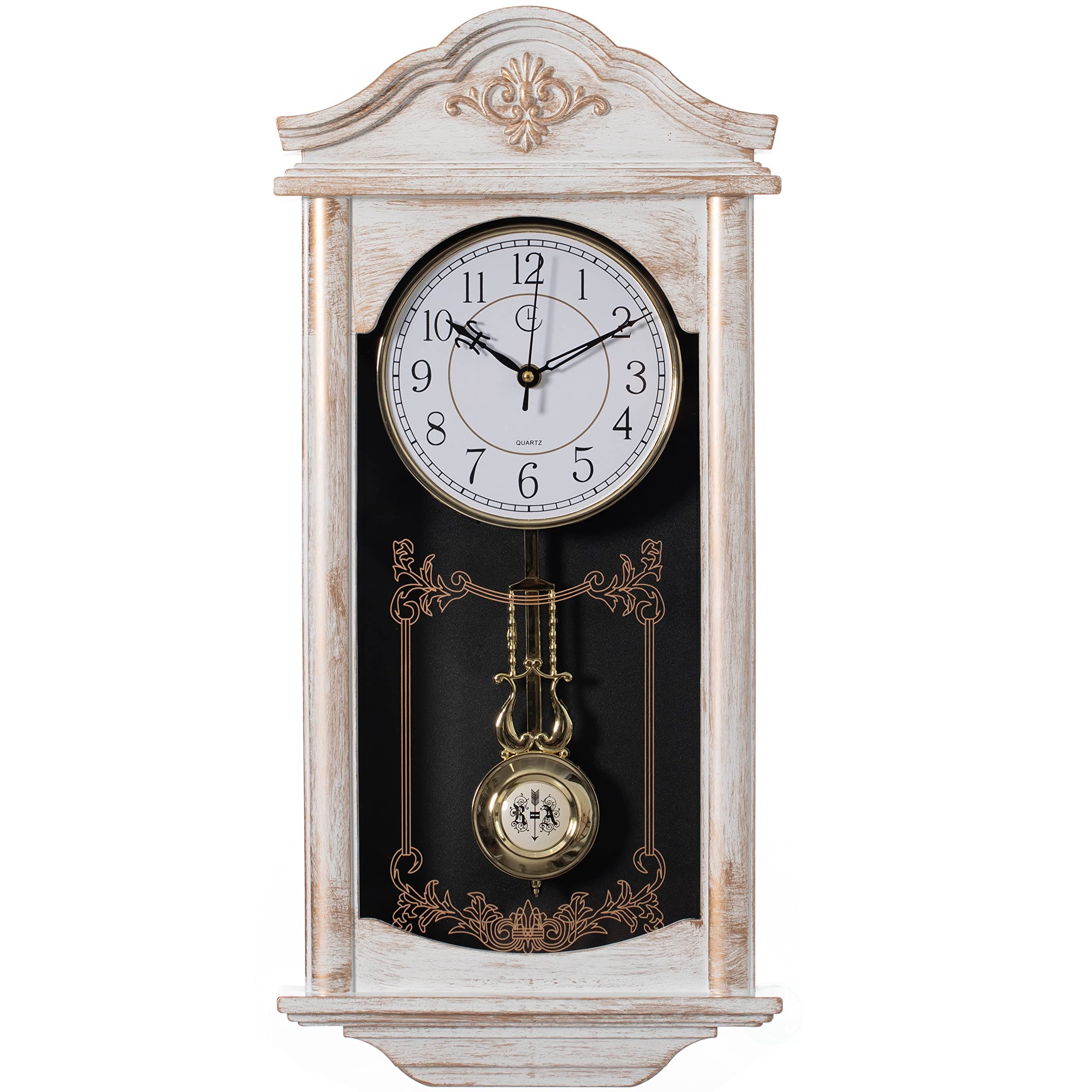 Quickway Imports Large Vintage Grandfather Wood- Looking Plastic Pendulum Wall Clock for Living Room, Kitchen, or Dining Room, Large White