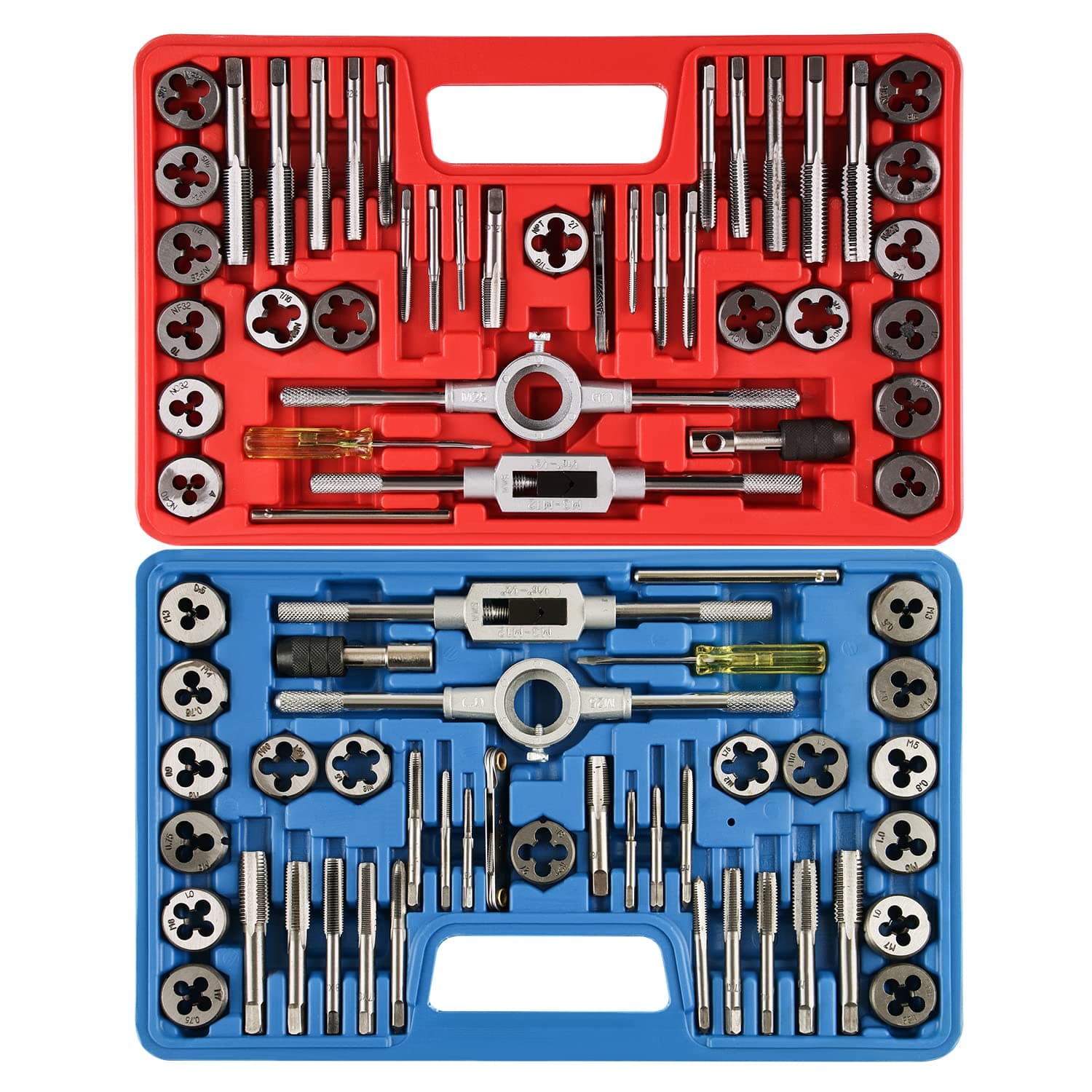 80 Pcs Tap & Die Set, SAE & Metric Tap Die Wrench Set, Metric Standard M3 to M12 Coarse Fine Re-Threading Bits, External and Internal Threading, NC, NF, NPT Repair Tools