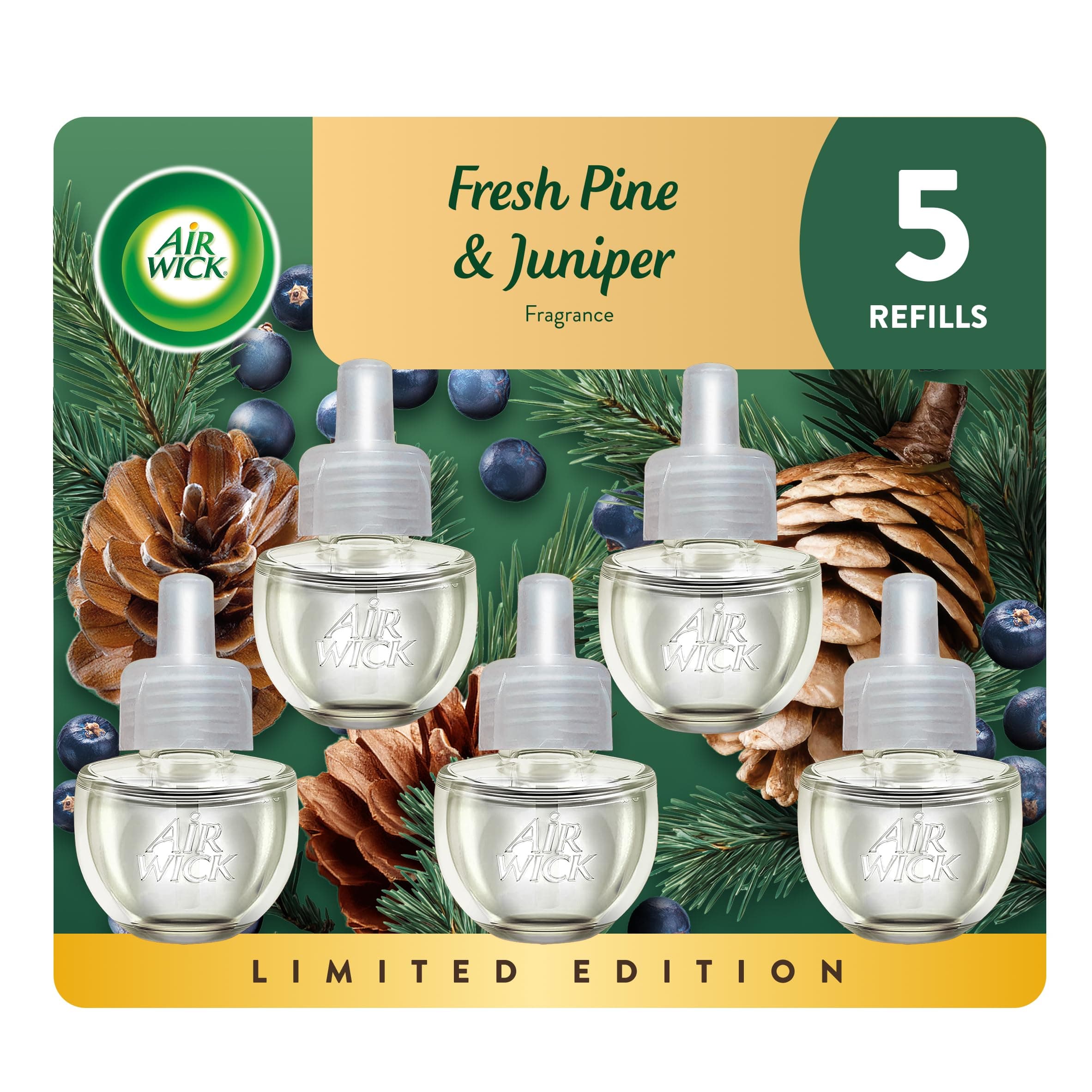 Air Wick Plug in Scented Oil Refill, 5 Ct, Fresh Pine and Juniper, Air Freshener, Essential Oils, Fall Scent, Fall décor
