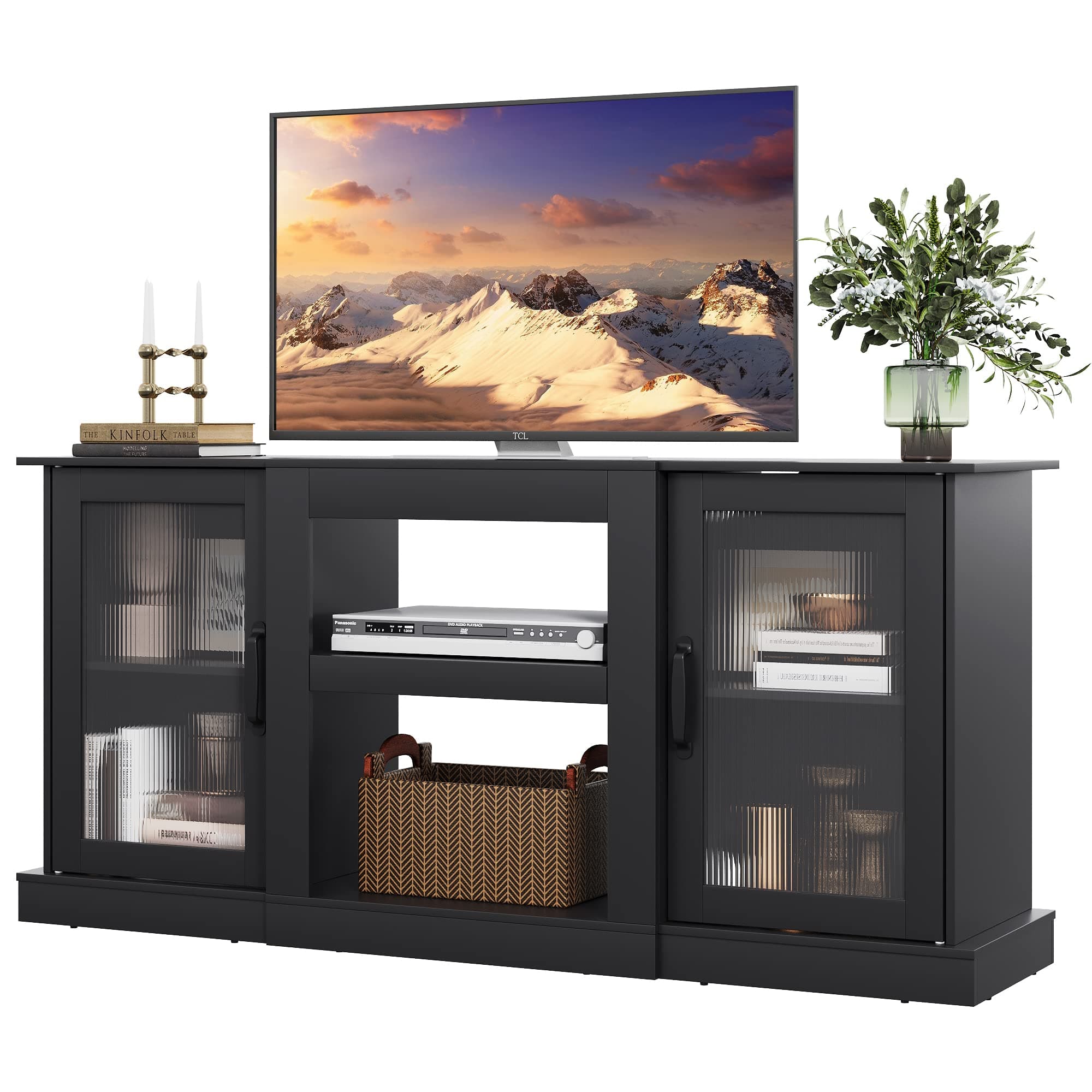 WLIVE Farmhouse TV Stand for 65 inch TV, 58" Entertainment Center with Storage Cabinets, Open Shelves TV Console for Living Room and Bedroom, Black