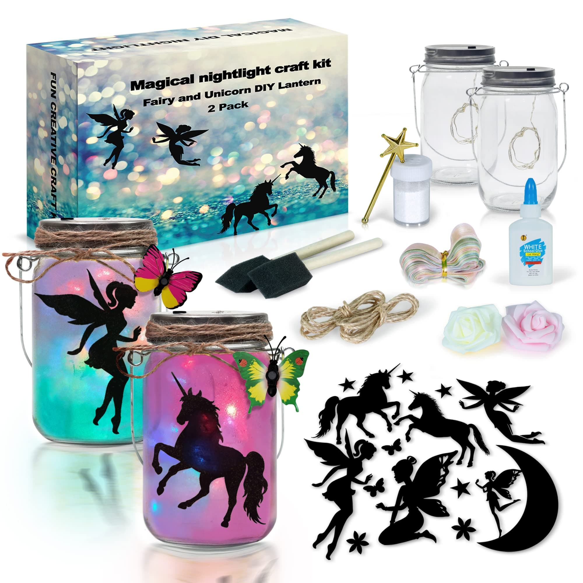 2Pepers DIY Fairy and Unicorn Nightlight Craft Kit (2 Pack), Fairy Lantern Jars Arts and Crafts for Girls, Make Your Own Unicorn Lamp Decor Craft Project, Gifts for Kids