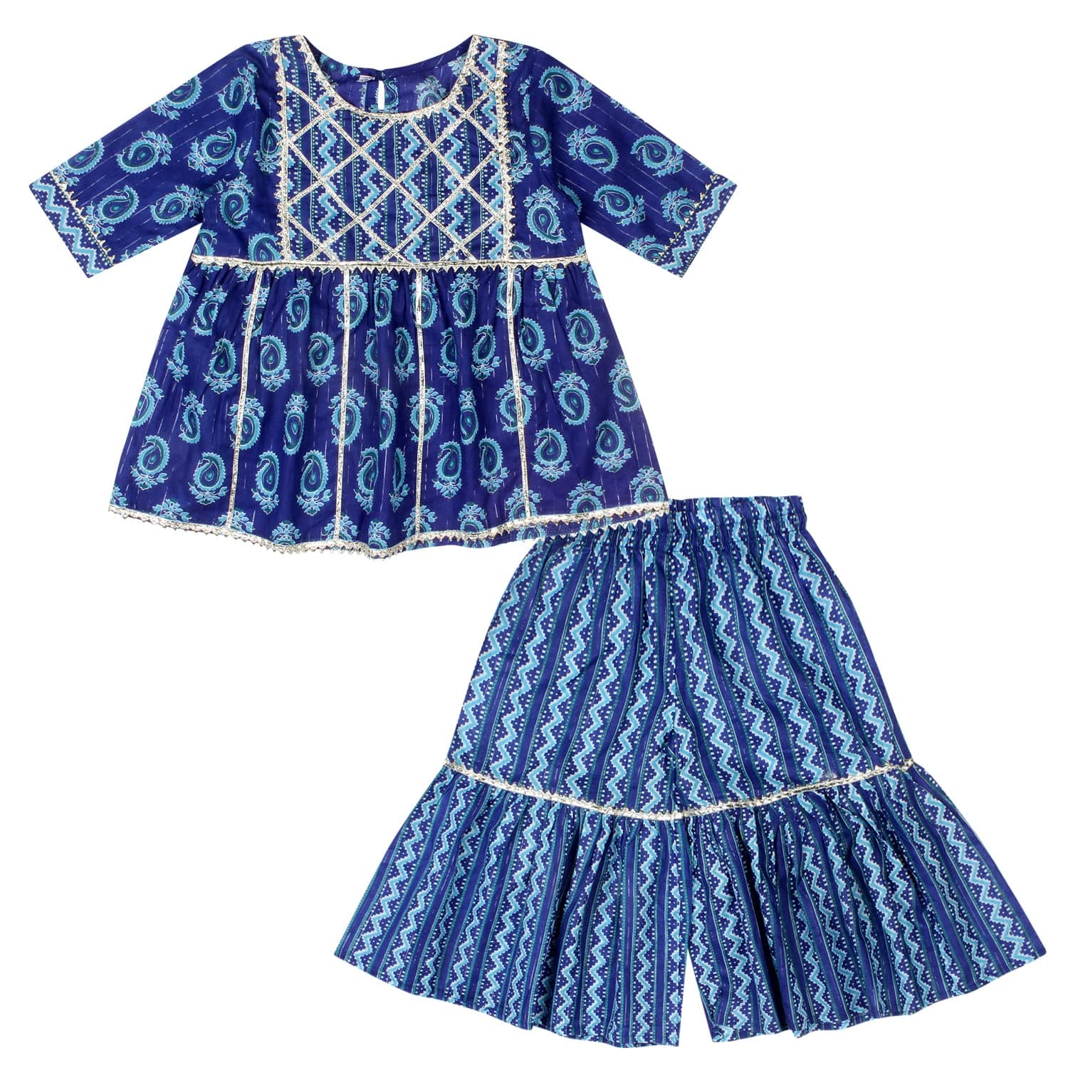 Superminis Girls Sanganeri Prints Frock Style Cotton Kurti with Full Length Sharara Set