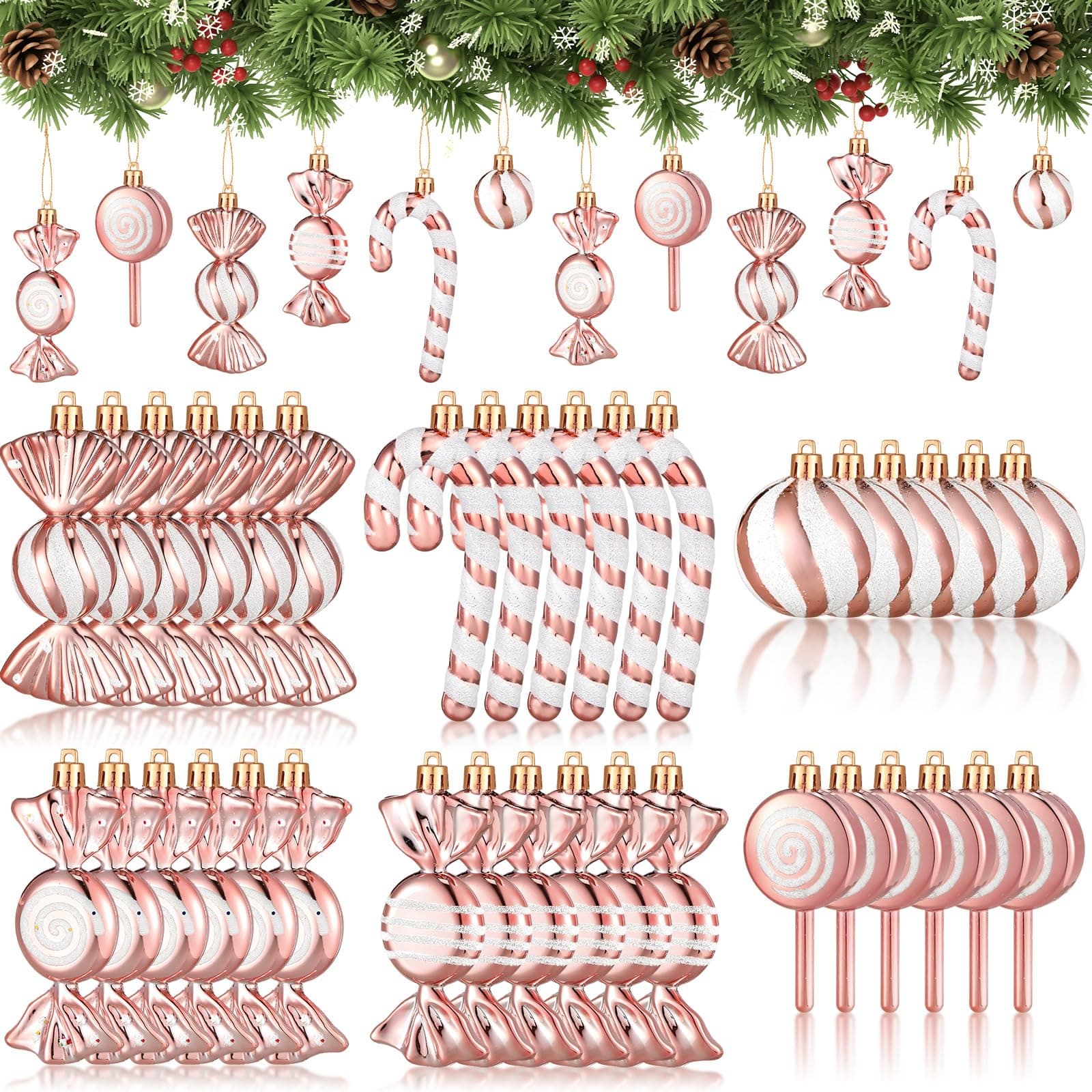 Liliful 30 Pcs Christmas Candy Cane Lollipop Ornaments Set Plastic Holiday Peppermint Candy Home Hanging Ornament Lollipop with Rope for Xmas New Year Party Decor(Rose Gold White)