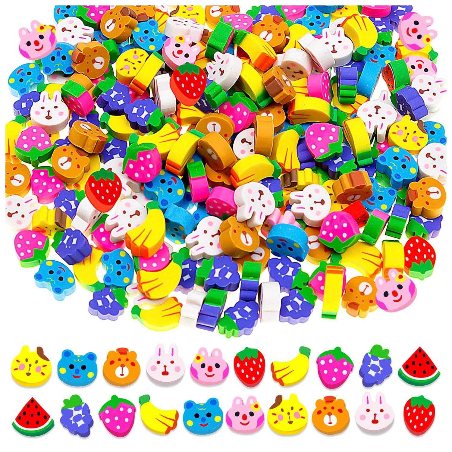 Mini Erasers for Kids Bulk, 120 Pack Cute Animal Fruit Eraser, Novelty Erasers Tiny Erasers for Homework School Classroom Rewards, Back to School Supplies, Party Favors