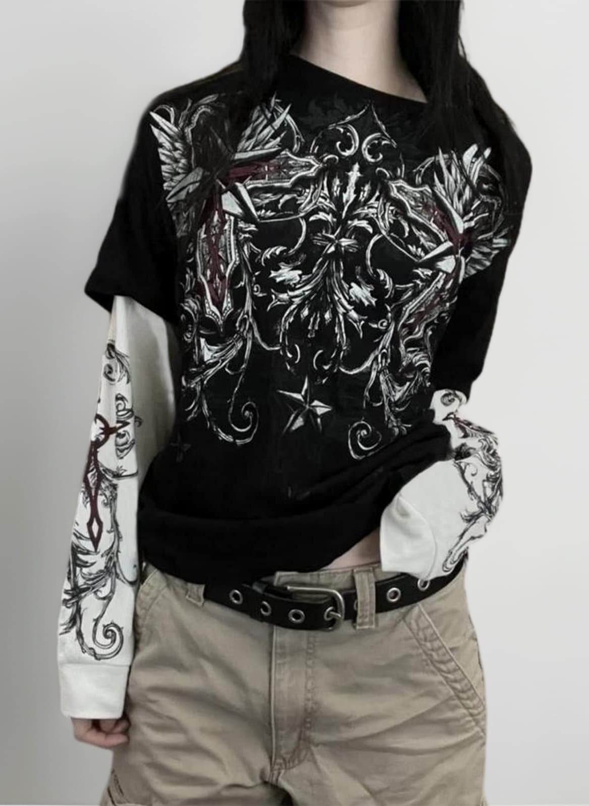 Geagodelia Womens Y2K Long Sleeve Tops Gothic Graphic Tight Fitted Fairy Grunge Clothes Vintage Tees Shirts for Teens Girls