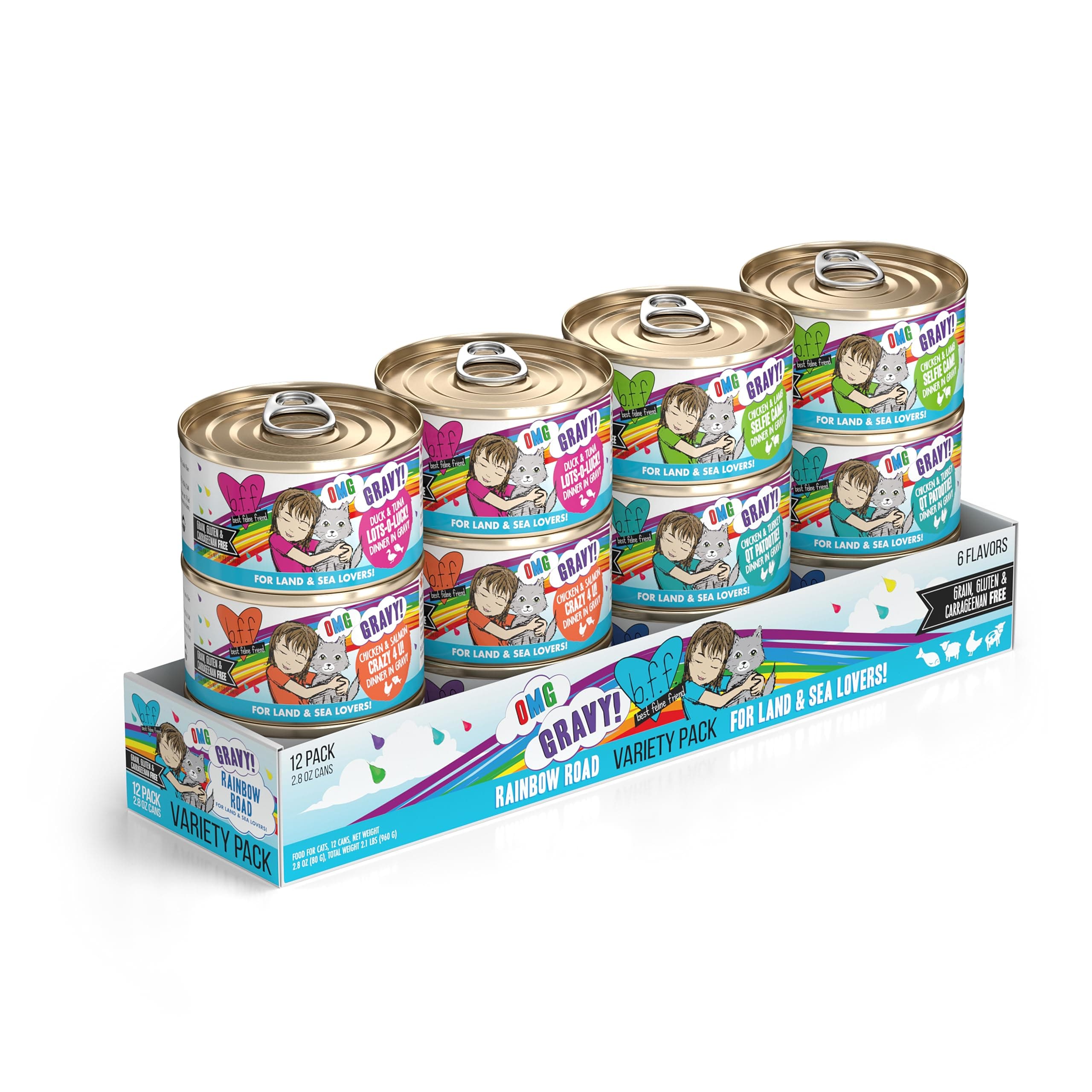 Weruva B.F.F. Omg - Best Feline Friend Oh My Gravy!, Variety Pack, Rainbow Road, Wet Cat Food By, 2.8 Oz Cans (Pack Of 12),All Life Stages