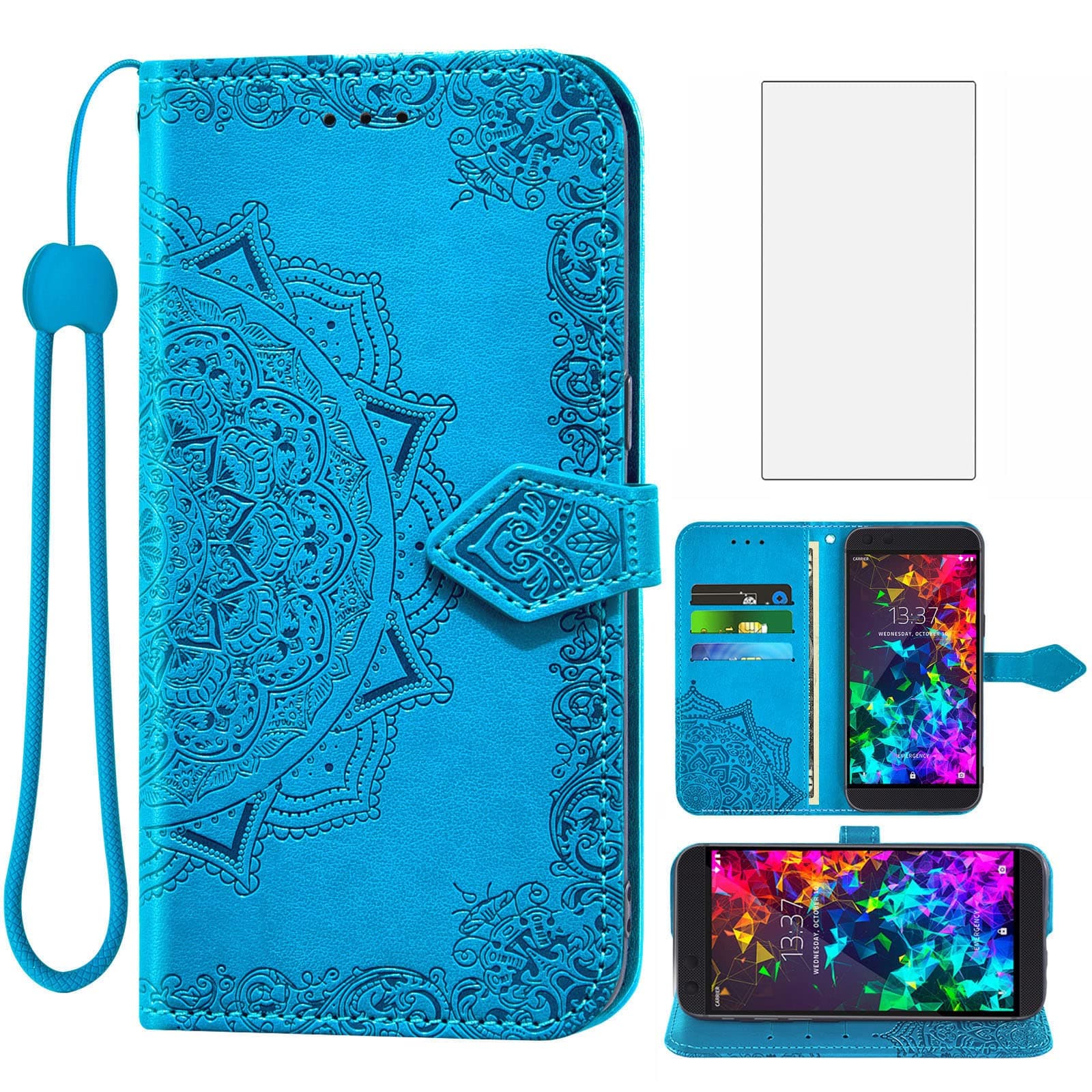 Asuwish Compatible with Razer Phone 2 Wallet Case and Tempered Glass Screen Protector Leather Mandala Flower Flip Cover Credit Card Holder Stand Cell Accessories Phone Cases for RazerPhone2 Women Blue