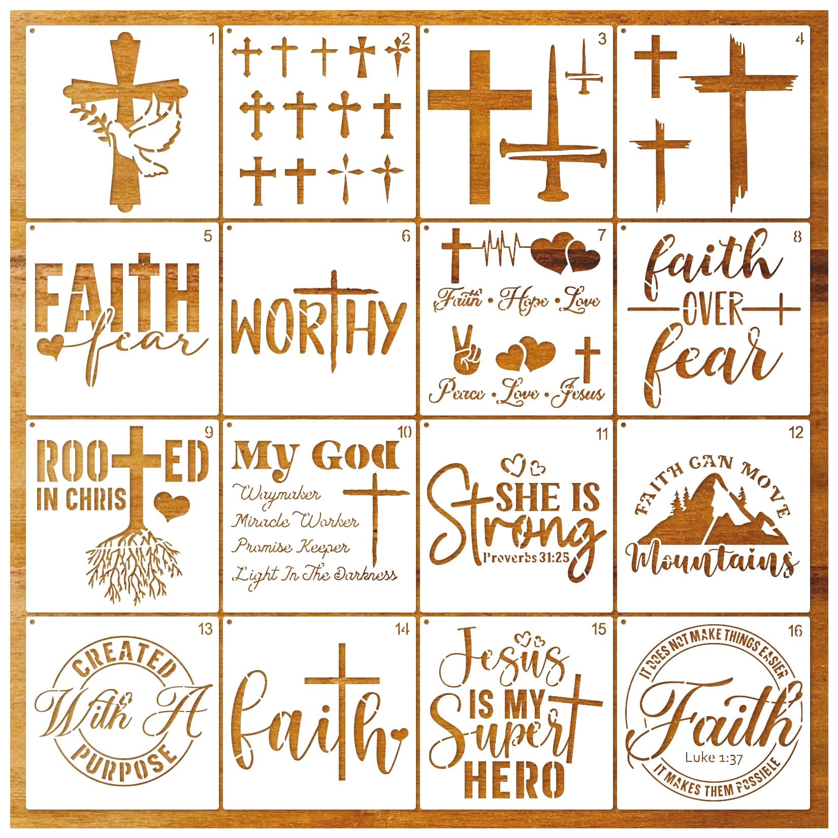 16 Pieces Christian Stencils for Painting Bible Cross Stencils for Crafts Reusable Faith Stencil for Wood Sign Crafts Fabric Canvas Wall Paper Drawing Home Decor (16 Christian)