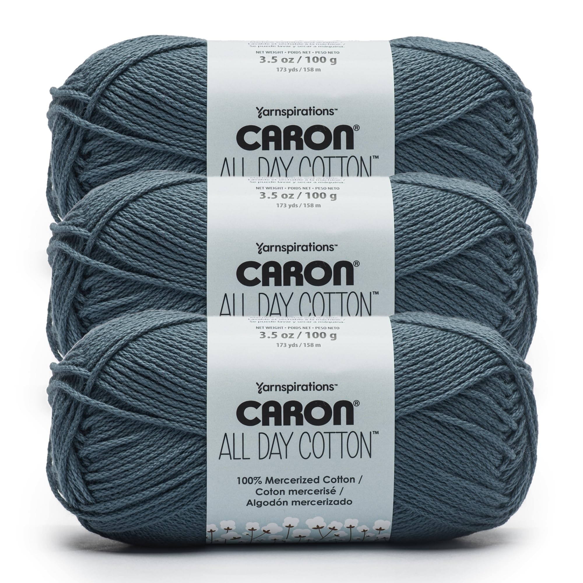 Caron All Day Cotton - 3 Pack of 173 Yards/3.52 oz Country Blue 100% Mercerized Cotton Yarn