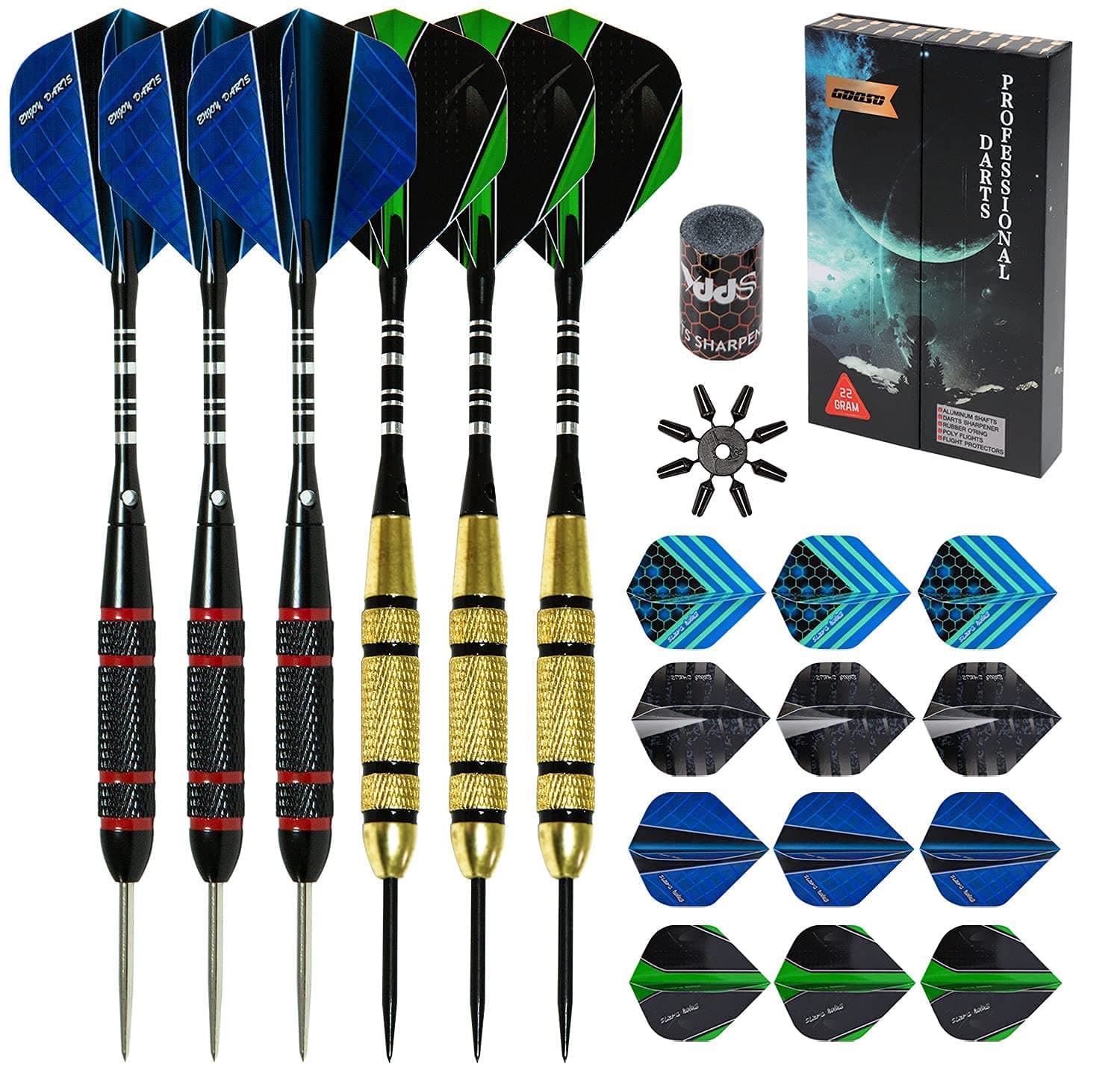 Professional Steel Tip Darts Set | 24g/22g/20g/18g Brass Barrel with 12pcs Dart Flights + Dart Sharpener + Magnetic Case + Darts Tool (6 Pack)