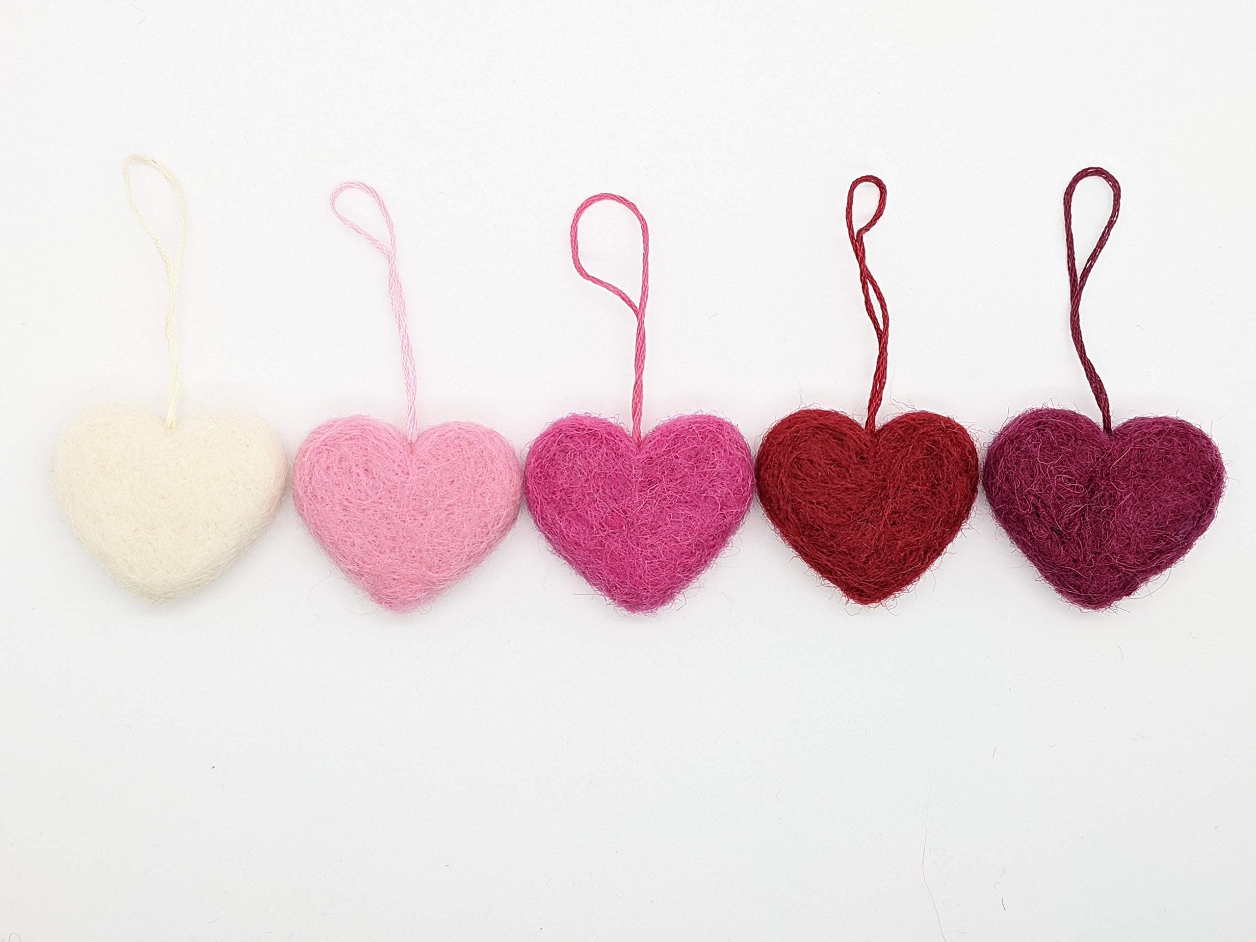 Needle Felted Heart Ornaments, Red Pink White Wool, Valentines Set of 5