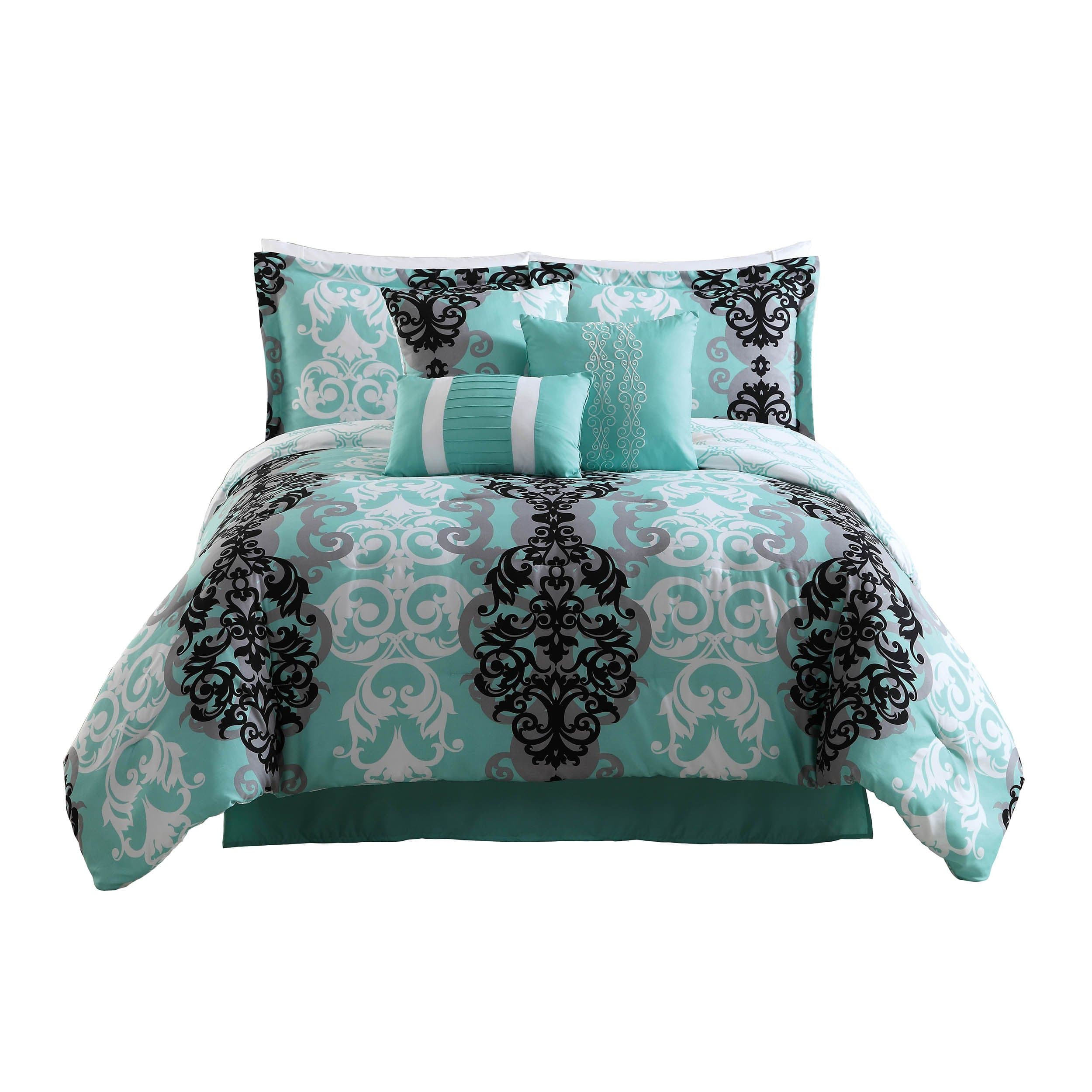Carmela Home – Comforter Set, Downton, King, 7-Piece Set Includes 1 Comforter, 1 Sham, 4 Pillows, & 1 Bed Skirt, 100% Polyester, Reversible & Lightweight, Contemporary Turquoise, Aqua