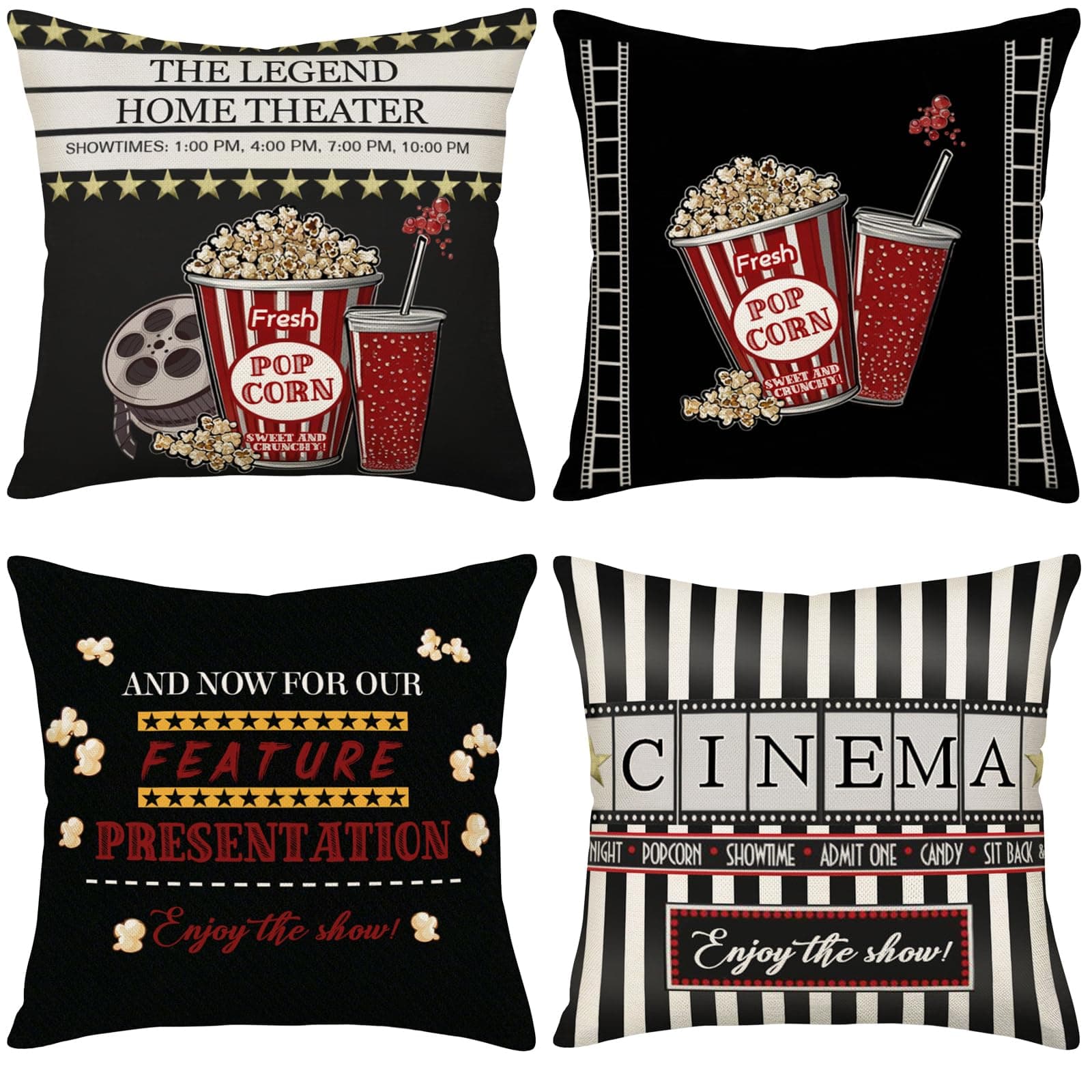 Asminifor Throw Pillow Cover Movie Theater with Popcorn Drink Film Reels Decorative Pillow Case Home Couch Decor Square 18 x 18 Inch Set of 4 Cinema Cushion Pillowcase (Black Cinema)