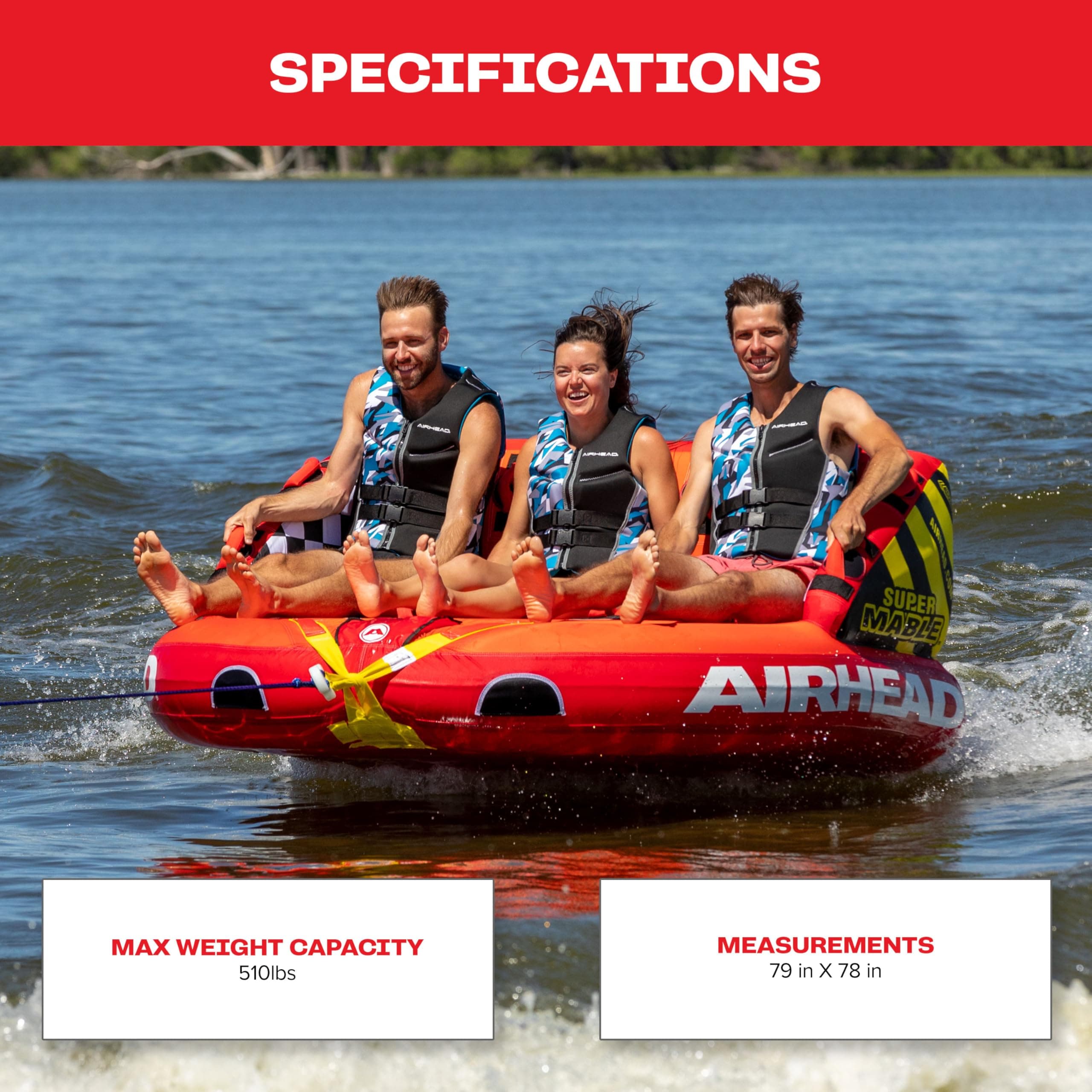 AIRHEAD Mable Inflatable Towable Tube | 1-4 Rider Models | Dual Tow Points | Full Nylon Cover | EVA Foam Pads | Patented Speed Valve | Boat Tubes and Towables