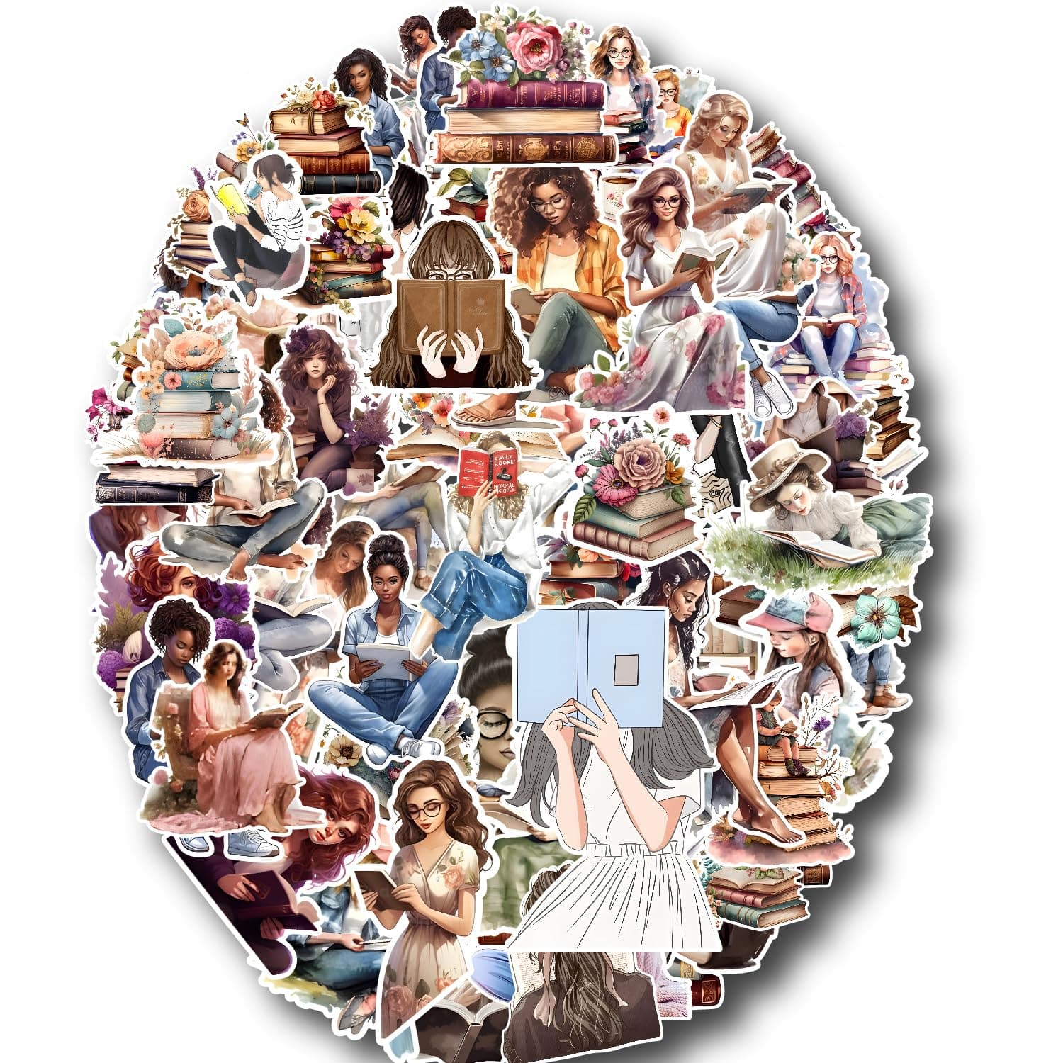 Cute Girls Stickers for Journal Diary DIY Daily Scrapbook Stickers for Page Decoration 80 PCs Sticker (Reading Girls)