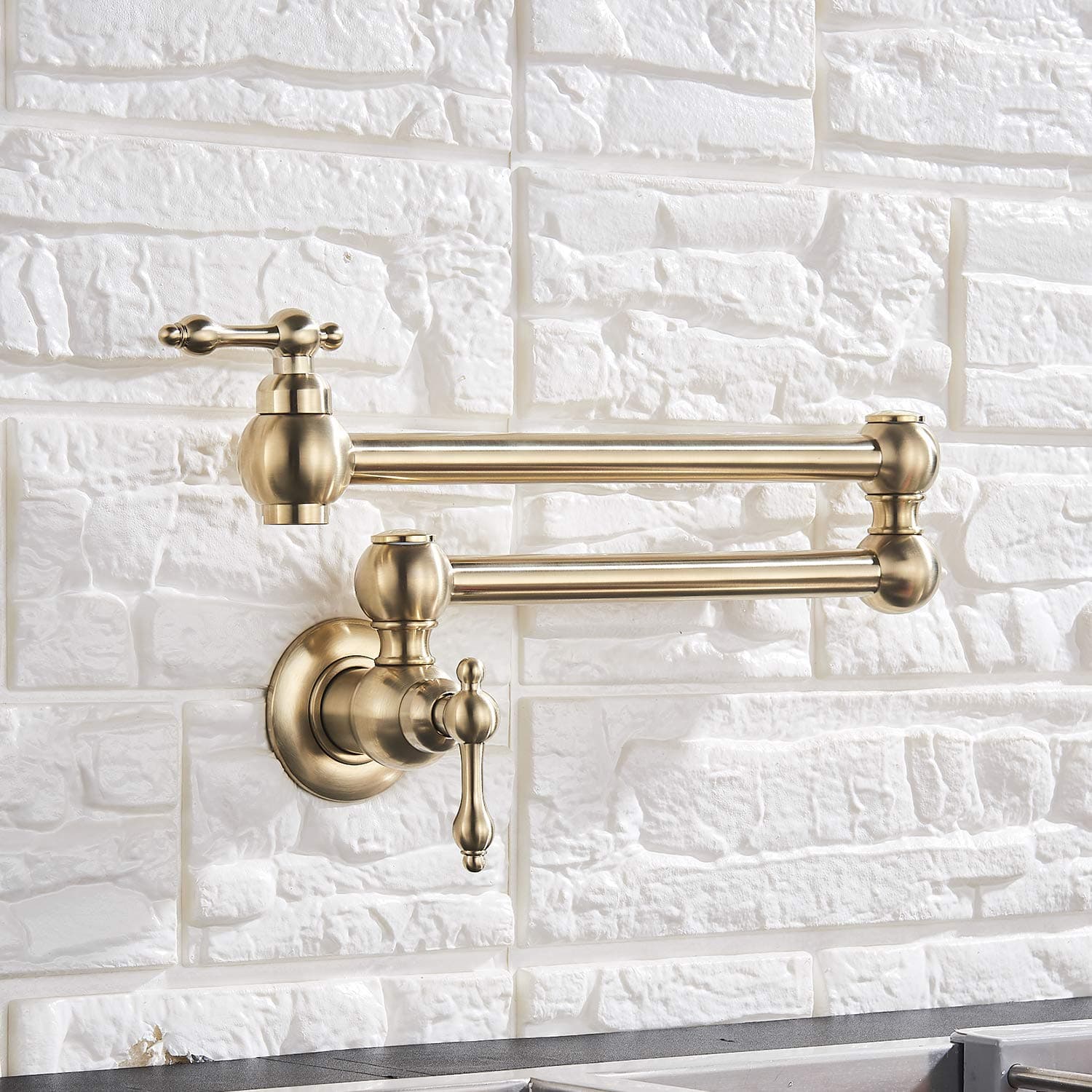 Senlesen Brushed Gold Pot Filler Folding Stretchable Pot Filler Double Joint Swing Arm Kitchen Faucet Wall Mount