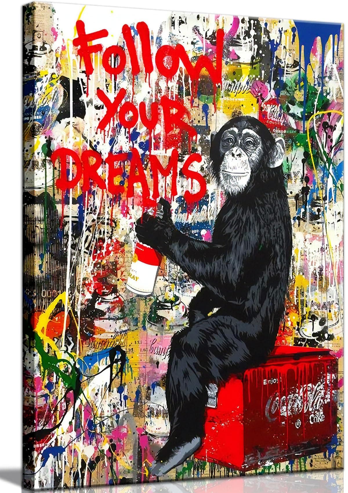 Tribute to art Banksy Monkey Street Graffiti Canvas Print Wall Art Follow Your Dreams Animal Canvas Art for Living Room Office Wall Decor Home Decoration Framed Ready to Hang bedroom 16inchx12inch