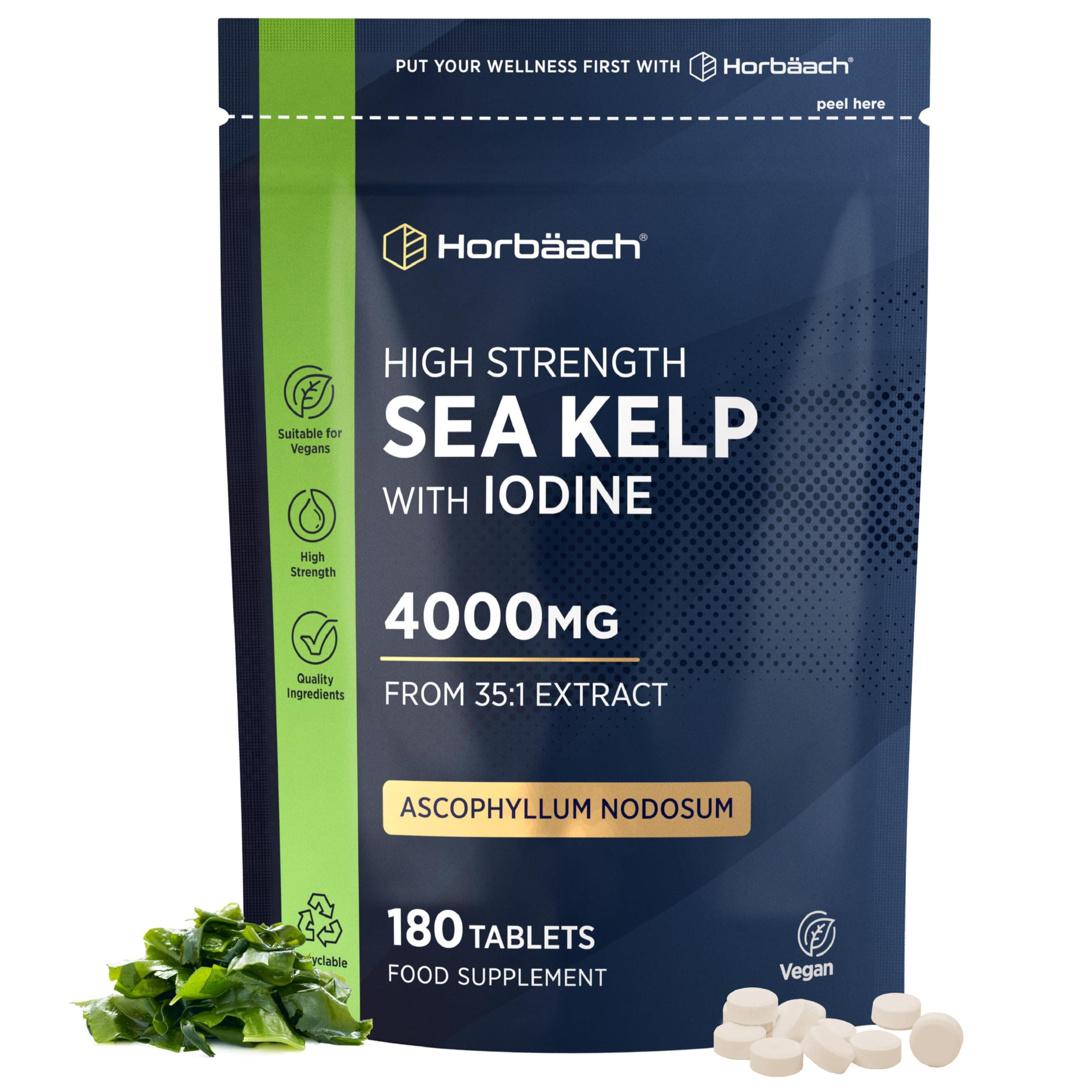 Sea Kelp Tablets 4000mg | Natural Source of Iodine | 3 Months Supply | High Strength Kelp Extract | 180 Vegan Tablets | by Horbaach