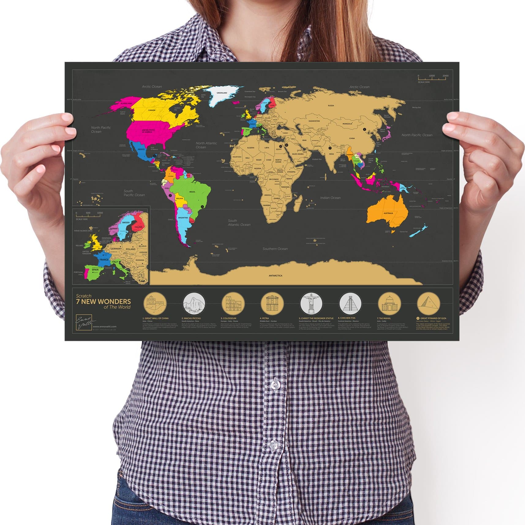 Travel Size Scratchable World Map - 7 Wonders Edition - Personalised Travel Tracker Poster - Remember and Share Your Adventures (Black | 11.7” x 16.5”)