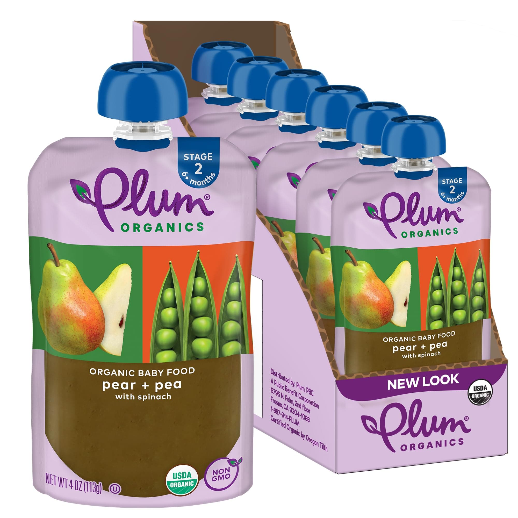 Plum Organics Stage 2 Organic Baby Food - Pear + Pea with Spinach - 4 oz Pouch (Pack of 6) - Organic Fruit and Vegetable Baby Food Pouch