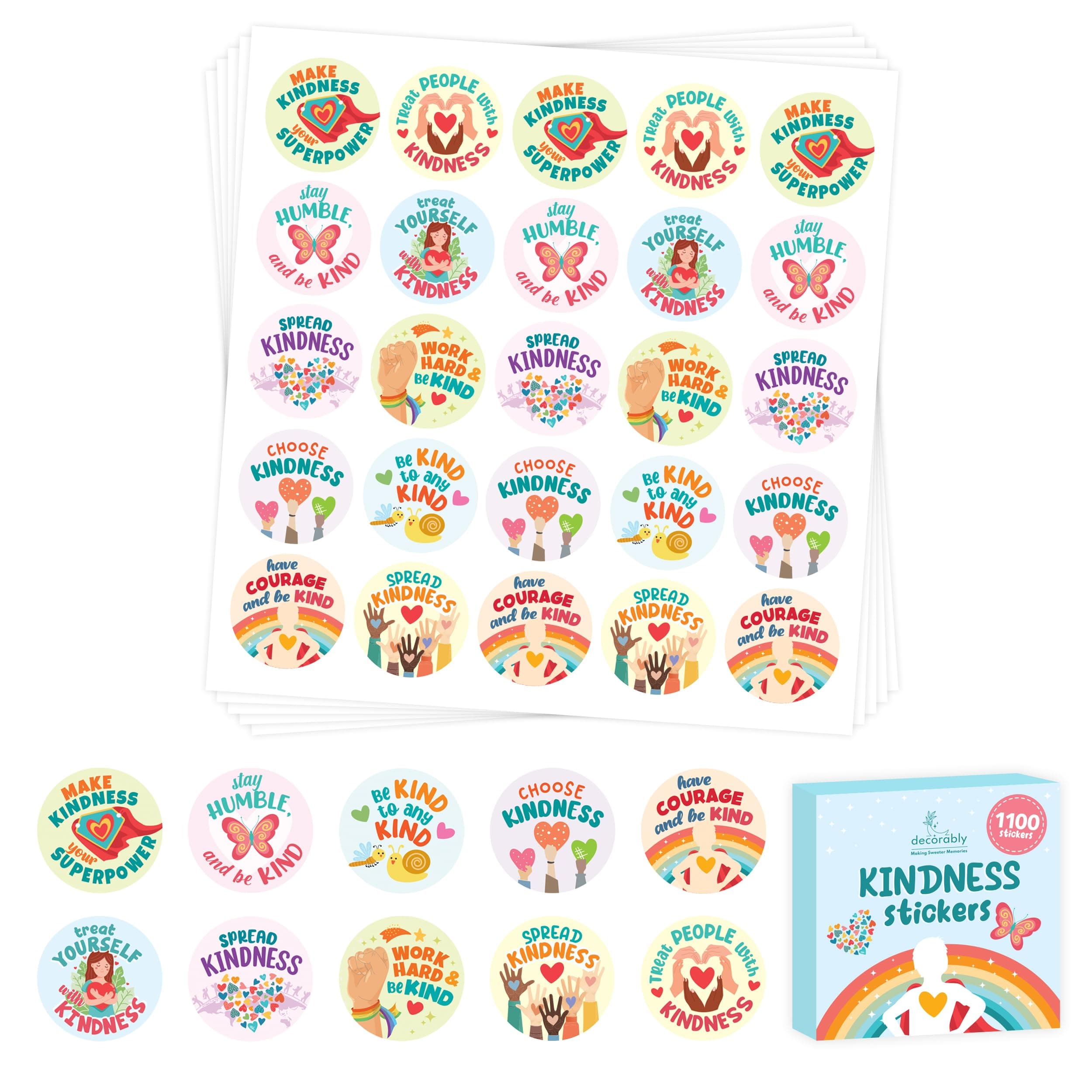 1100 Kindness Stickers for Kids Bulk - 44 Sheets with 10 Colorful Designs for Classroom Activities, Positive Reinforcement, Arts & Crafts, Scrapbooking, Gift