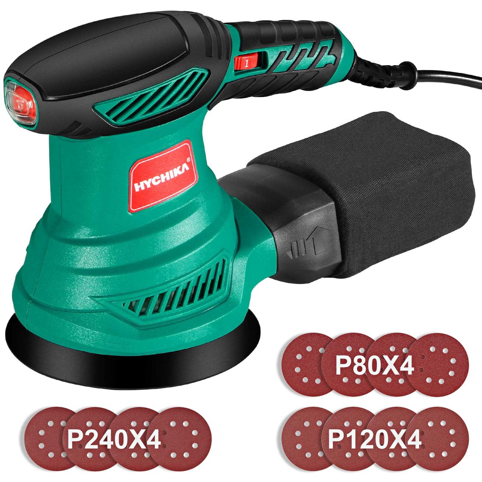 HYCHIKA Orbital Sander, 300W 13000RPM Random Orbital Sander, 6 Variable Speeds, 125mm 12Pcs Sandpapers, Electric Sander with Dust Collection Ideal for Sanding, Polishing Wood, DIY, Home Improvements