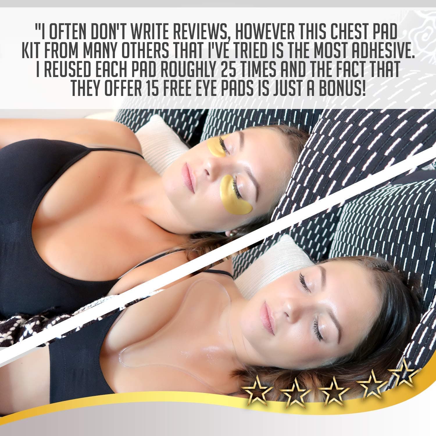 Reusable Anti Wrinkle Chest Décolleté Pads with BONUS Chest Pad and 15 pairs of 24k gold eye pads for Glowing smooth skin! - PREMIUM Medical Quality Silicone to Remove Wrinkles and Stretch marks!