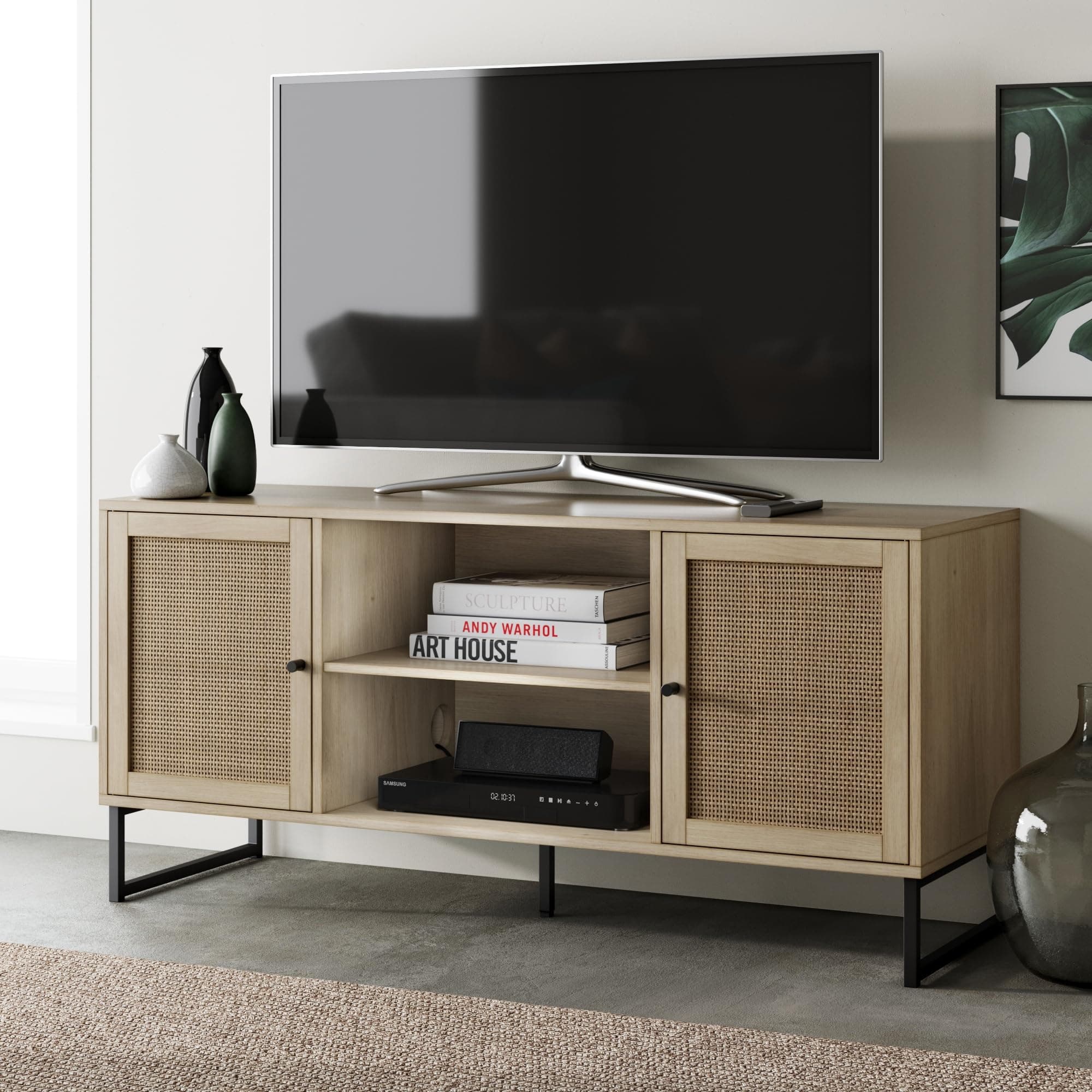 74101 Mina Modern TV Stand, Entertainment Cabinet, Media Console with a Natural Oak Wood Finish and Matte Black Accents with Storage Doors for Living Room or Media Room, Oak/Black