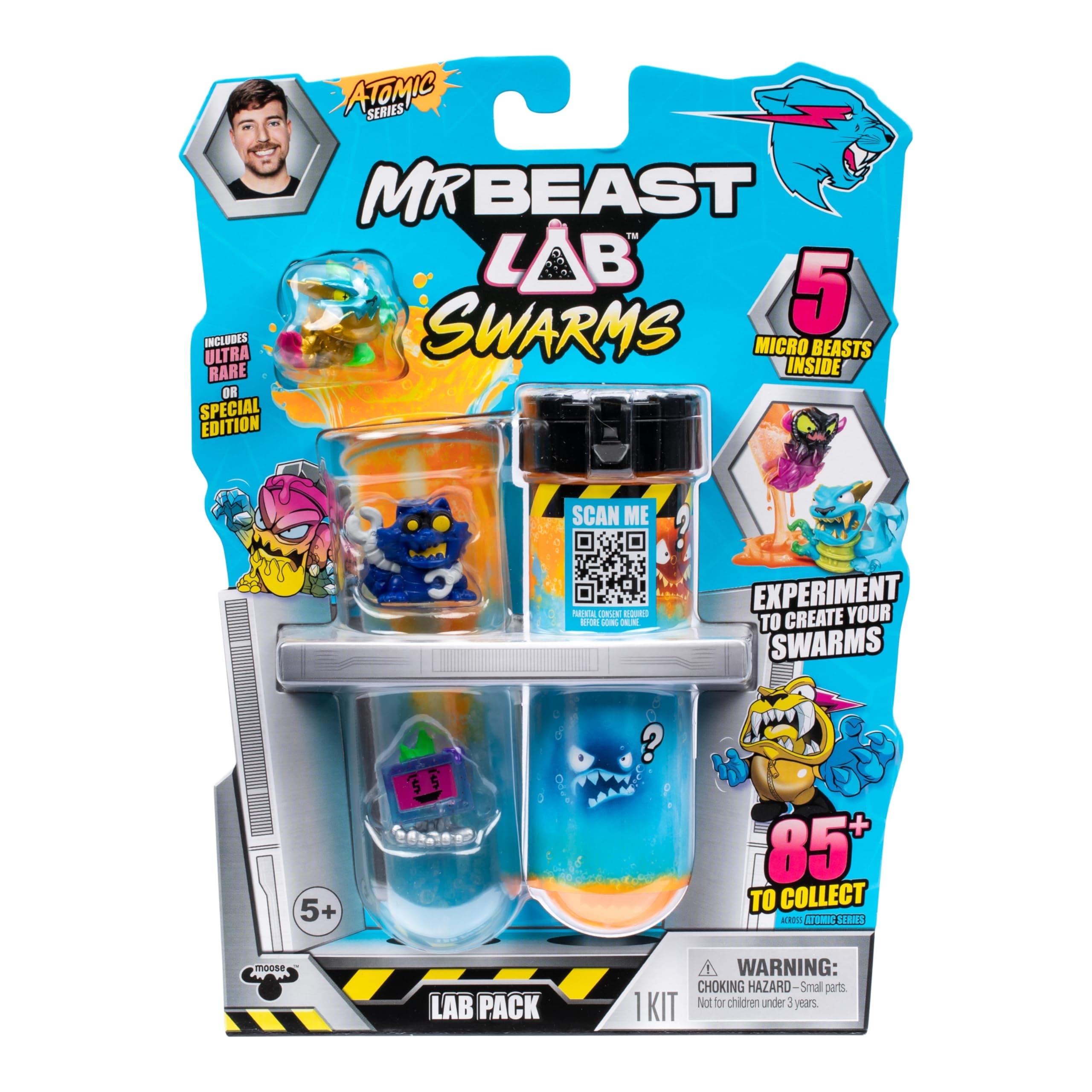 MrBeast Lab Swarms Series 2 Atomic Lab 5 Pack - Collectable Micro Beast, Add Water and Shake Test Tube to reveal 2 of 5 Surprise 1" Figures, 85 Collections, Mystery Team, Fun Open Toy, Ages 5+