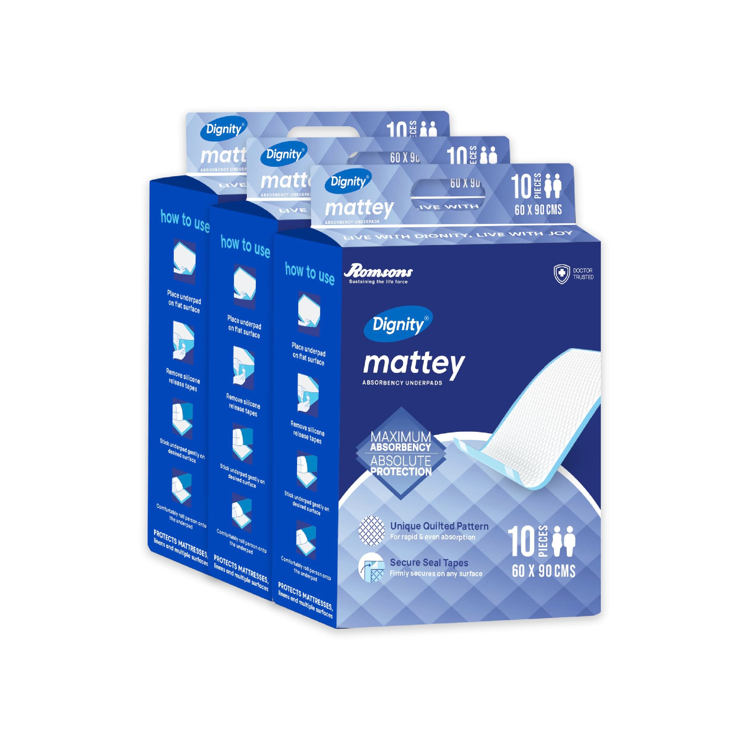 Dignity Mattey Underpads 10 Pcs, Size 60 * 90cm (Pack of 3)