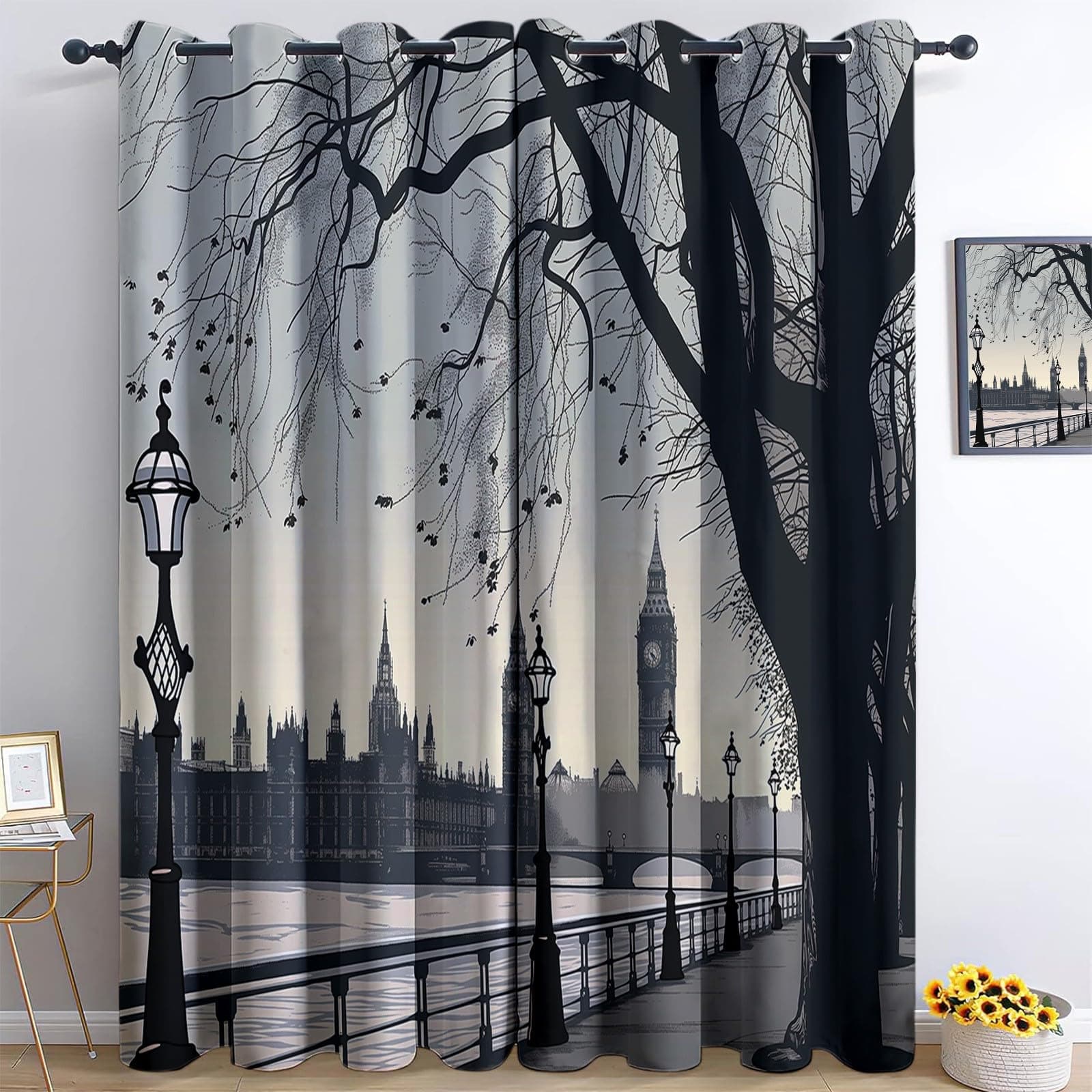 Blackout Curtains Grey Drop Eyelet Curtains for Living Room W 29.5" x L 65" (2 Panels) Hand-Painted London Riverbank Street Scene Darkening Lined Thermal Insulated Window Curtain Panels