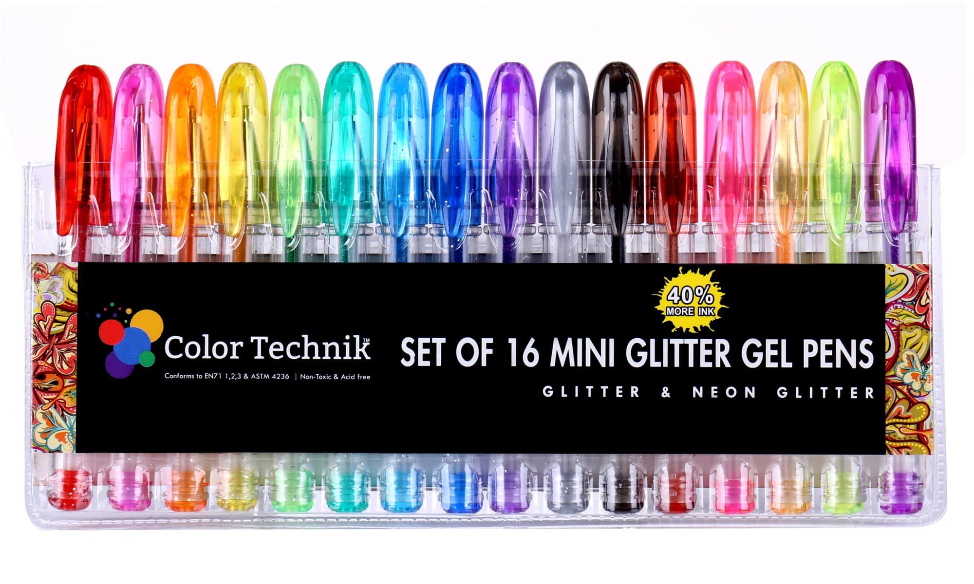Glitter Gel Pens by Color Technik, Set of 16 Mini Glitter and Neon Glitter Pens, Best Assorted Colours, No Duplicates, 40% More Ink, Handy Travel Pack, Enhance Your Colouring Experience Now