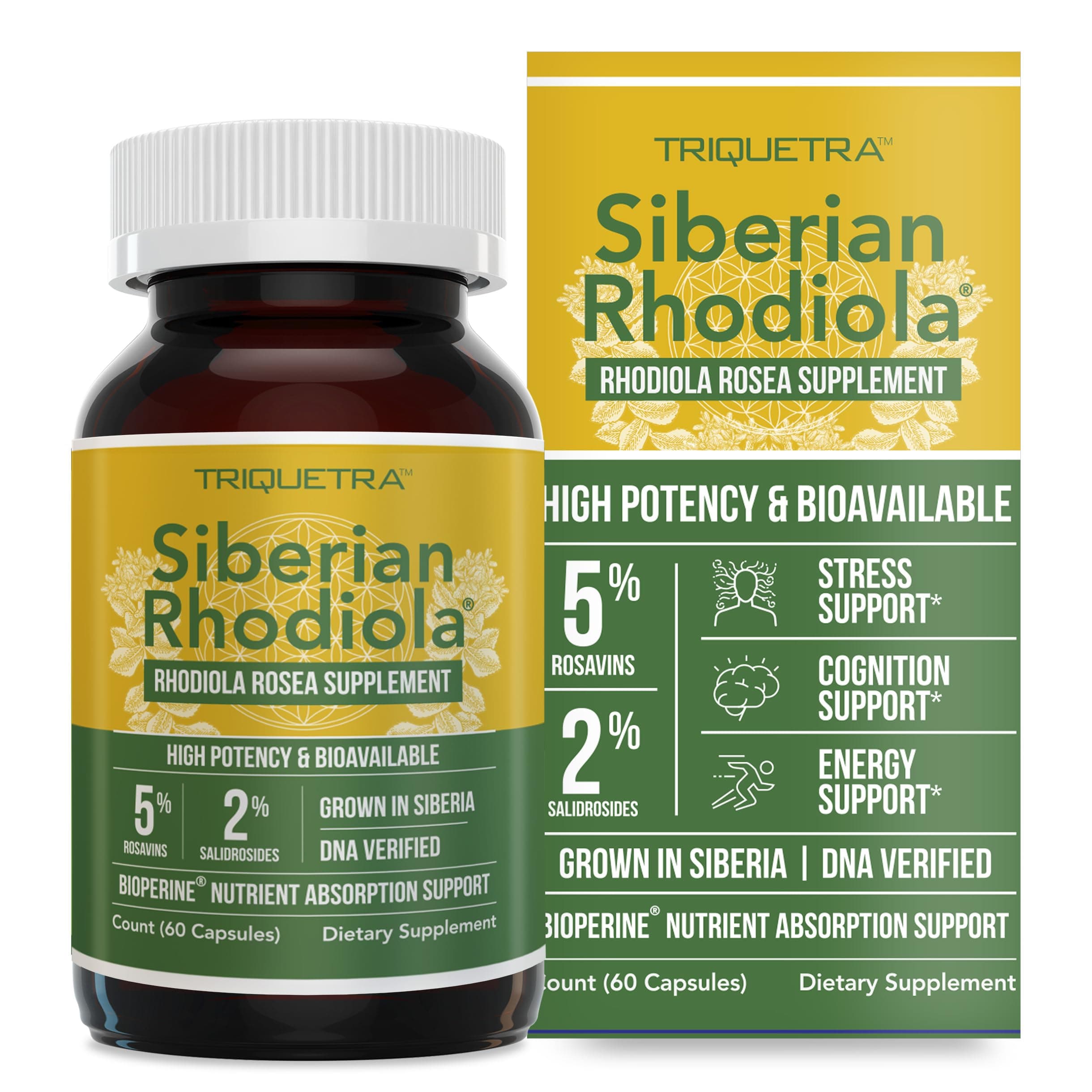 Siberian Rhodiola: Max Strength Rhodiola Rosea - 5% Rosavins, 2% Salidroside - BioPerine Absorption Enhancement, Grown in Siberia, DNA Verified - Reduce Stress, Enhance Energy & Cognition (60 Count)
