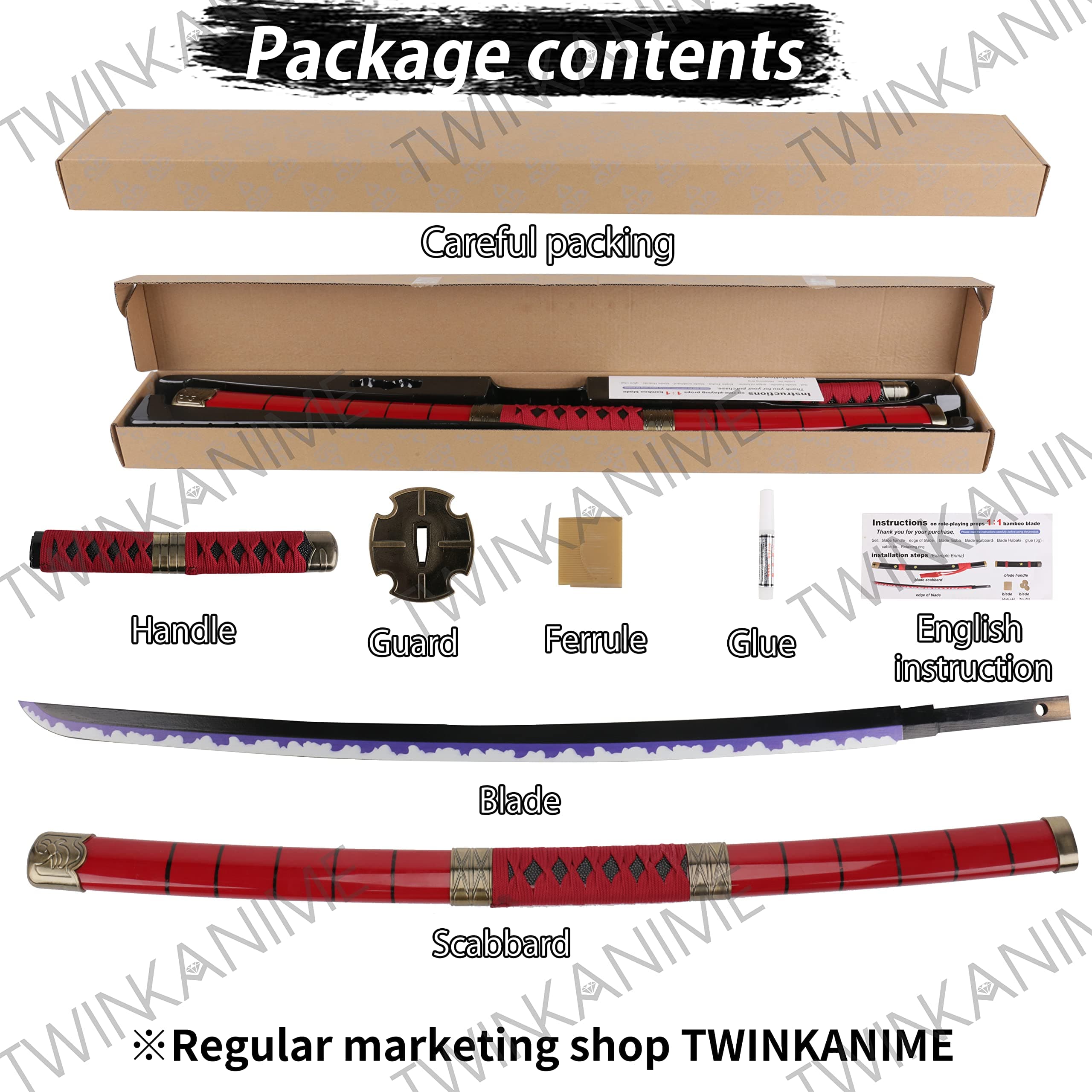 TWINKANIME Zoro Sword One Yubashiri Piece Cosplay Anime Swords, Handmade Katana Samurai Bamboo Sword 41” (Wado Ichimonji)