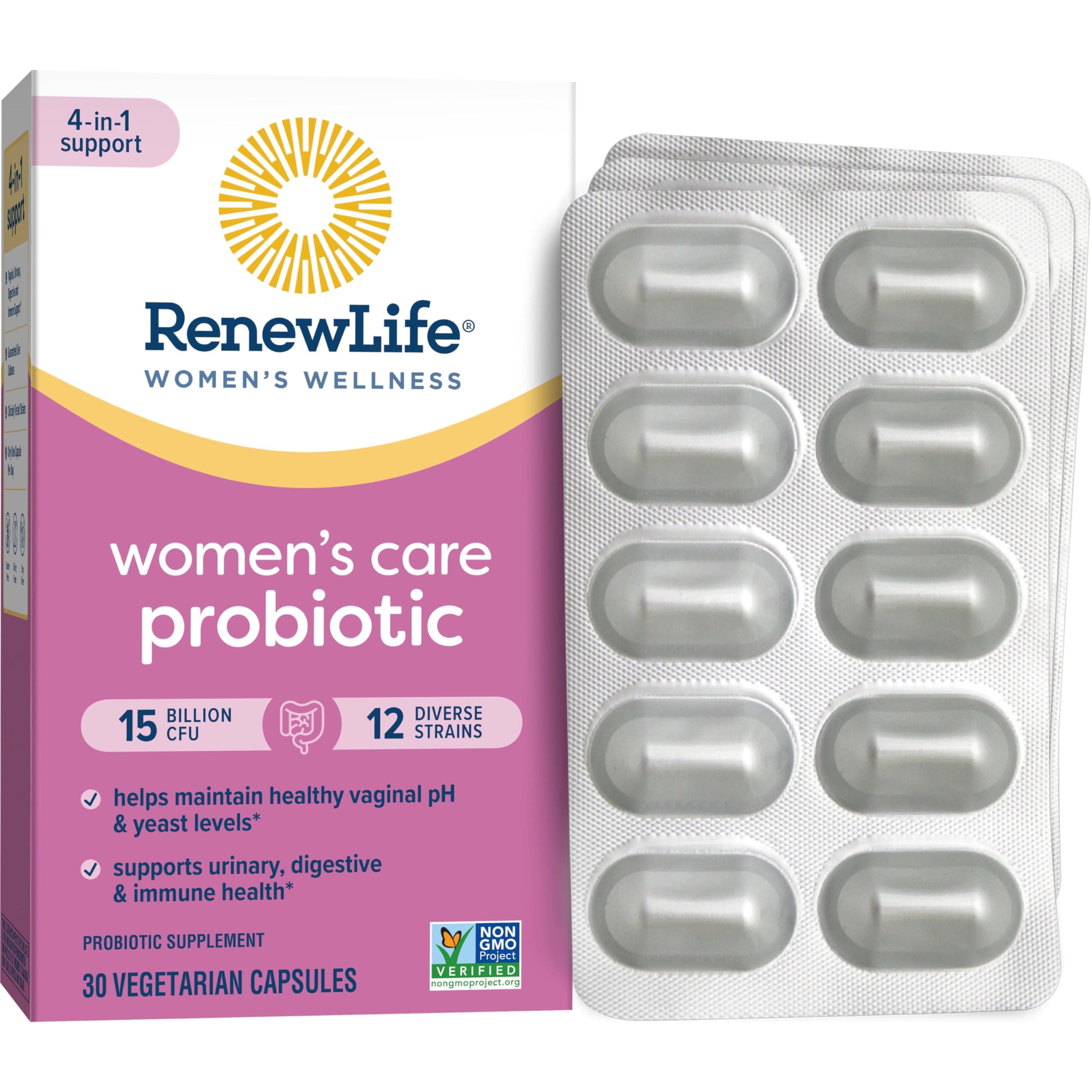 Renew Life Women's Probiotic Capsules, Supports pH Balance for Women, Vaginal, Urinary, Digestive and Immune Health, L. Rhamnosus GG, Dairy, Soy and Gluten-Free, 15 Billion CFU - 30 Ct